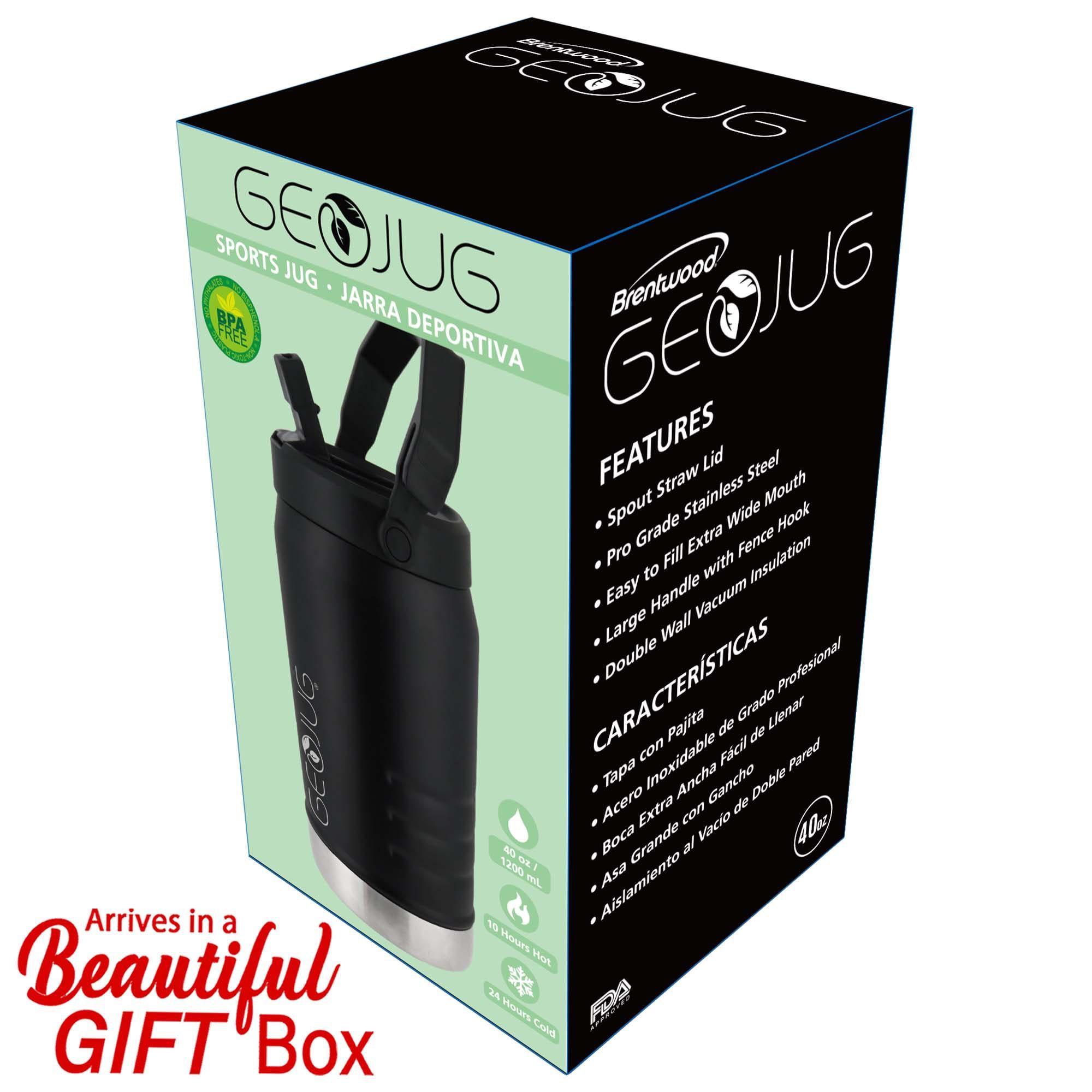 Brentwood Vacuum-Insulated Stainless Steel Sports Water Jug with Spout Straw Lid, and Handle with Fence Hook (40 Oz.; Black)