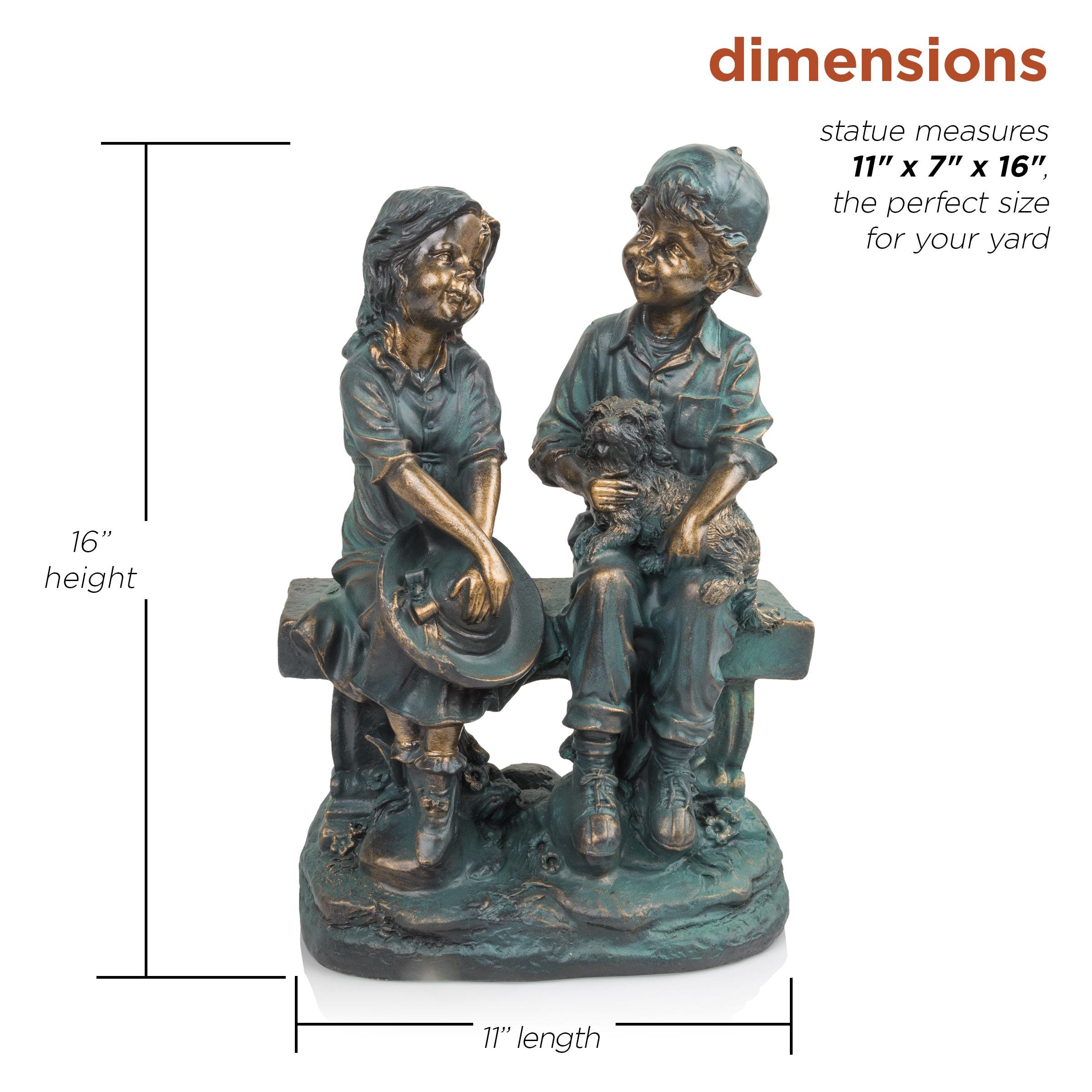 Alpine Corporation 16" Polyresin Girl and Boy with Dog Sitting on Bench Sculpture Bronze: Durable Outdoor Decor, Magnesium Oxide, Rust-Resistant