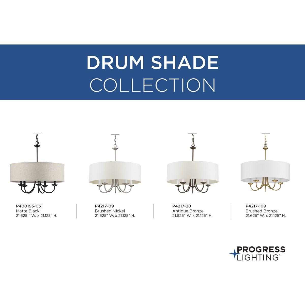 Progress Lighting, Drum Shade Collection, 5-Light Pendant, Black Finish, Harvest Linen Shade