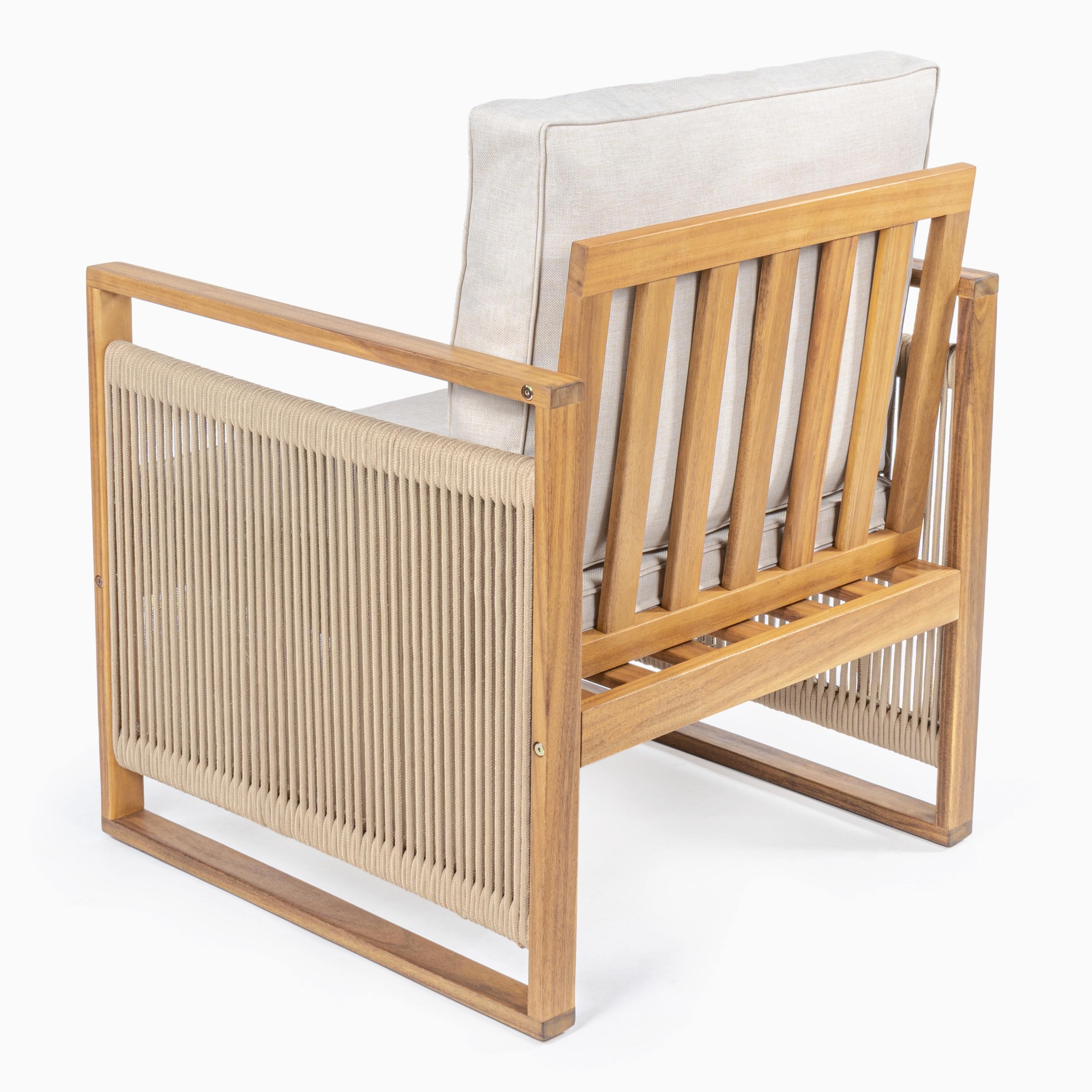 Gable Mid-Century Modern Roped Acacia Wood Outdoor Patio Chair with Cushions, Beige/Light Teak (Set of 2) - JONATHAN Y