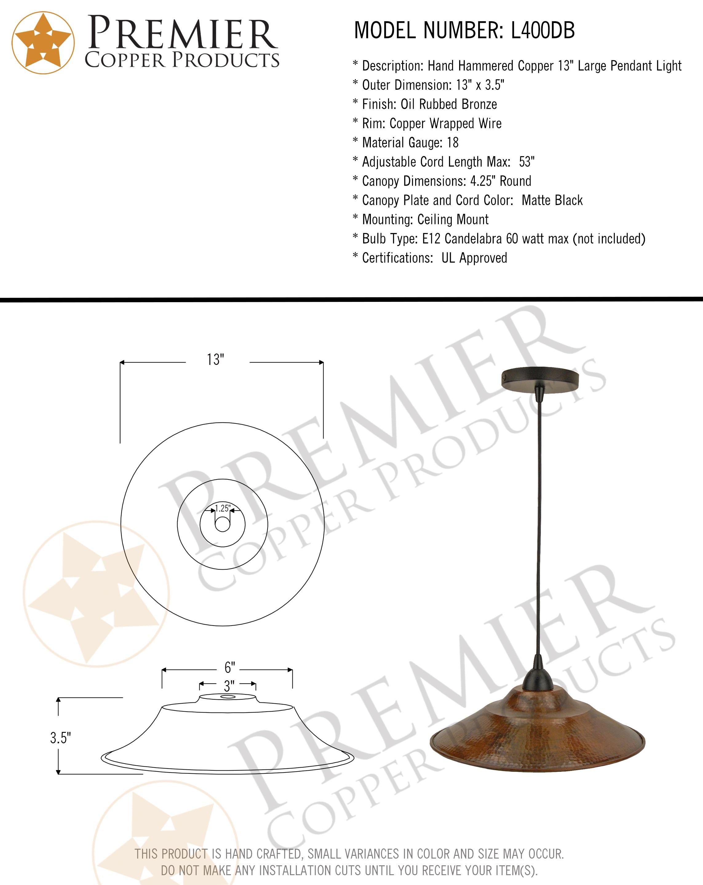 Premier Copper Products L400DB 3 in. Pendant Light Hand Hammered Copper