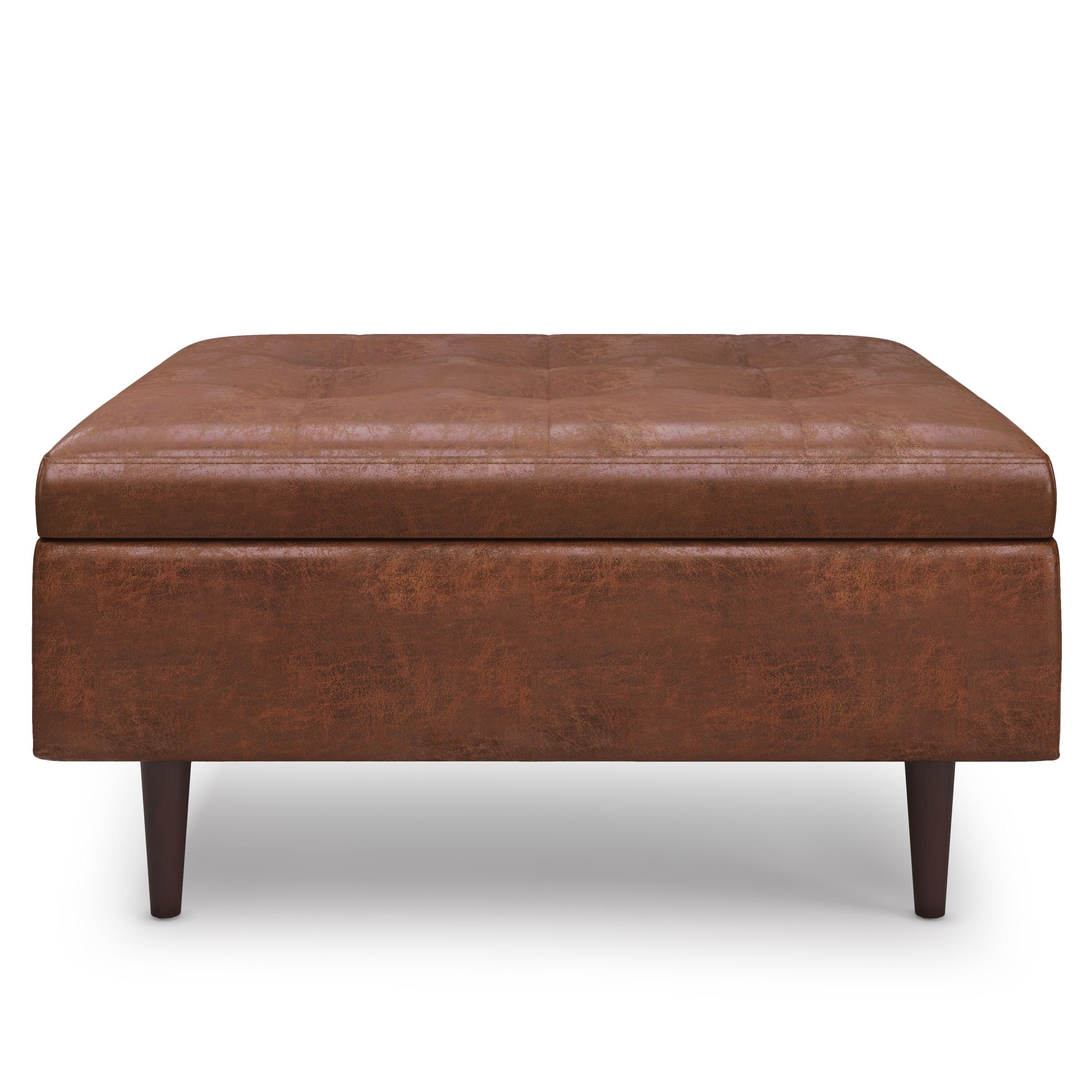 Simpli Home Shay 38 inch Wide Mid Century Modern Square Mid Century Large Square Coffee Table Storage Ottoman in Distressed Saddle Brown Vegan Faux Leather