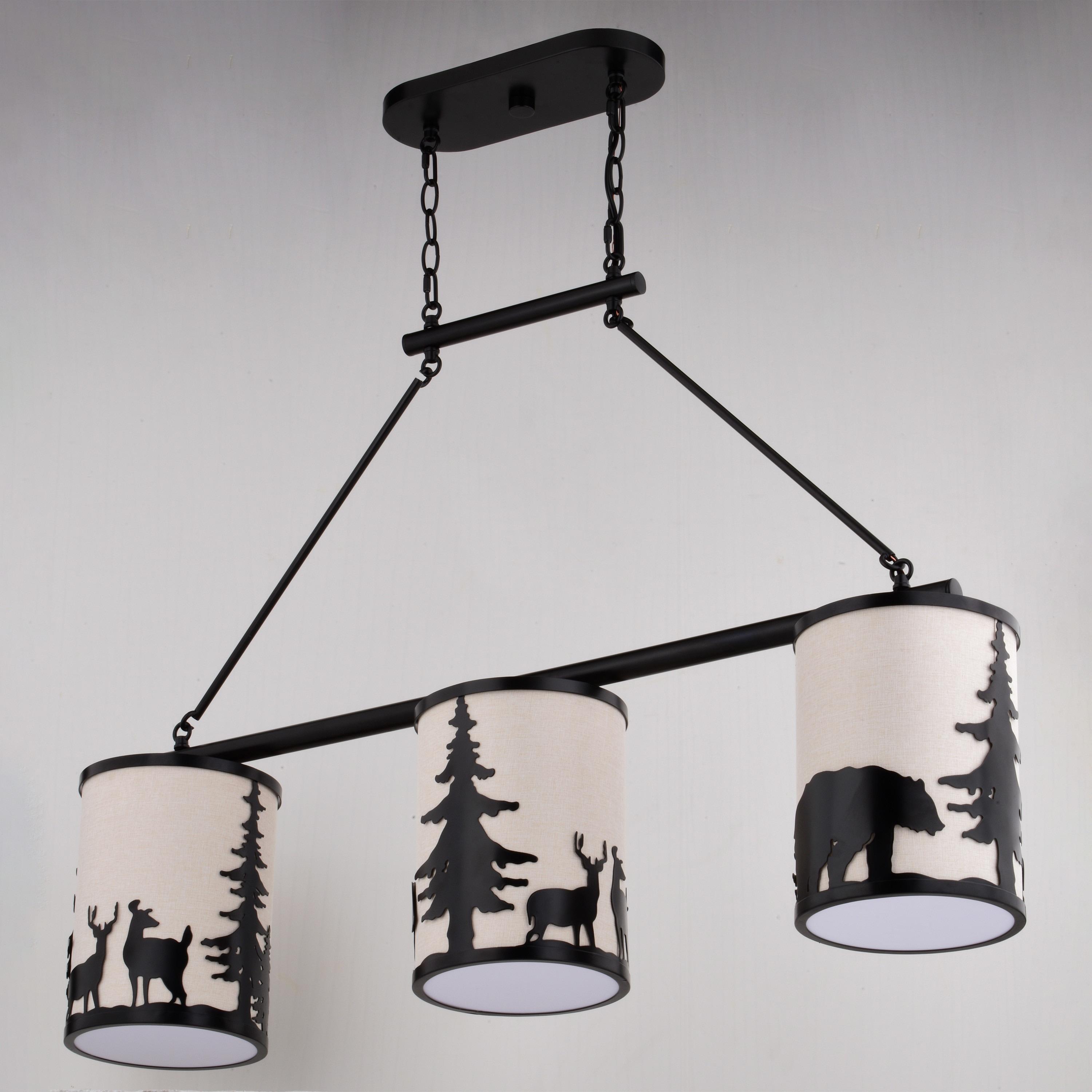 VAXCEL Acadia 3L Bronze Rustic Linear Chandelier Island Pendant Light Fixture Bear and Tree