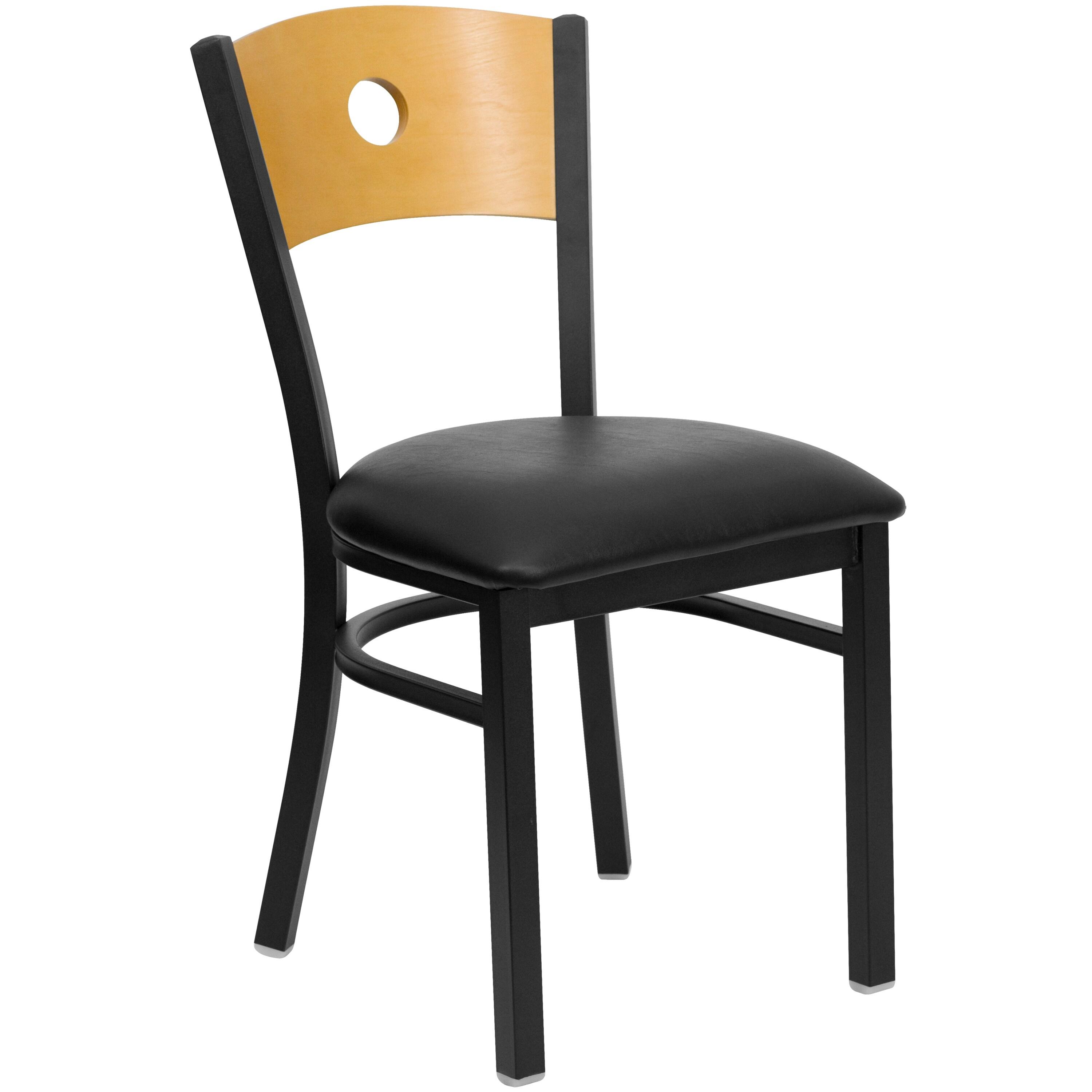 BizChair Black Circle Back Metal Restaurant Chair - Natural Wood Back, Black Vinyl Seat