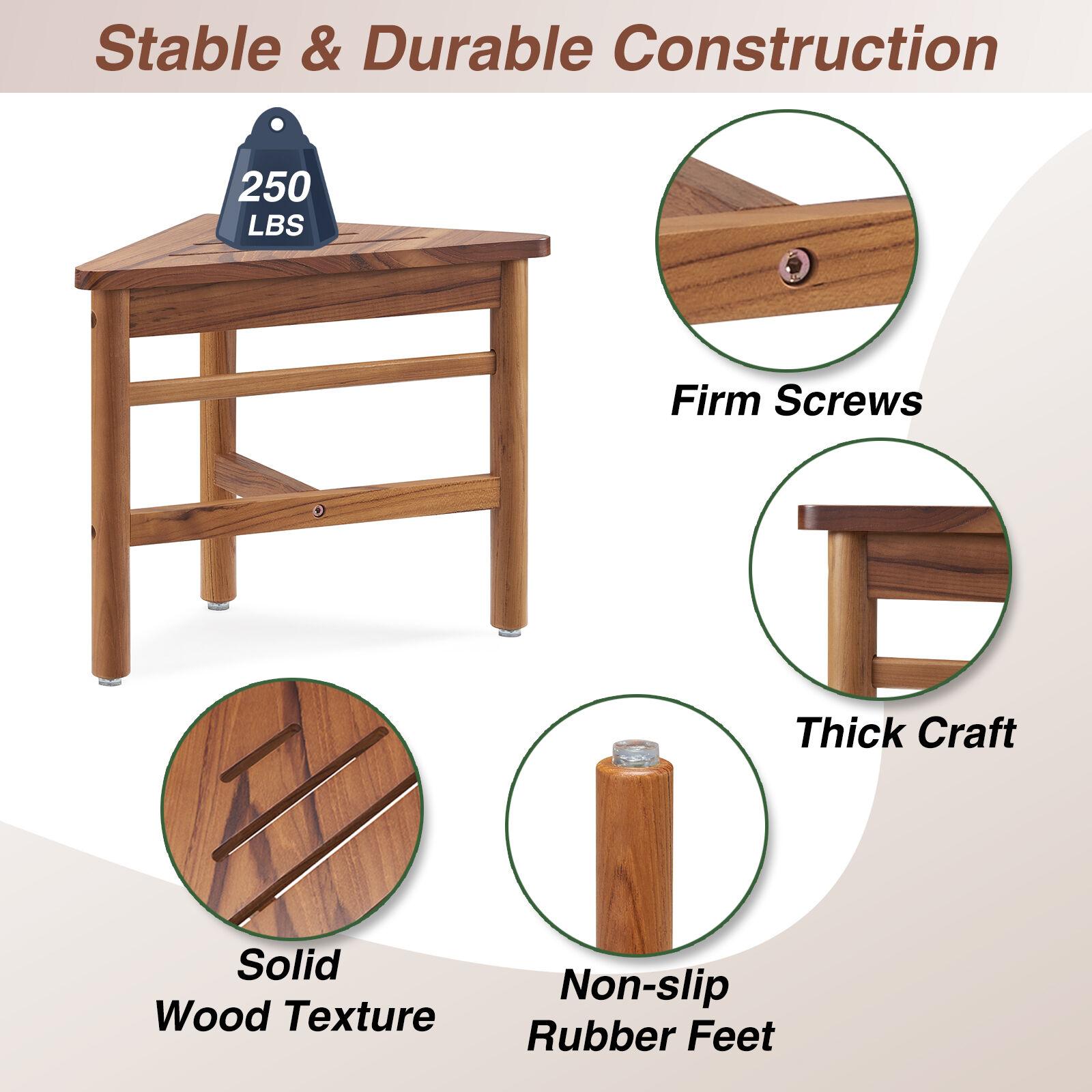Utopia Alley  12 in. Small Teak Corner Shower Stool with Plastic Storage for Inside Shower, Indoor & Outdoor Use