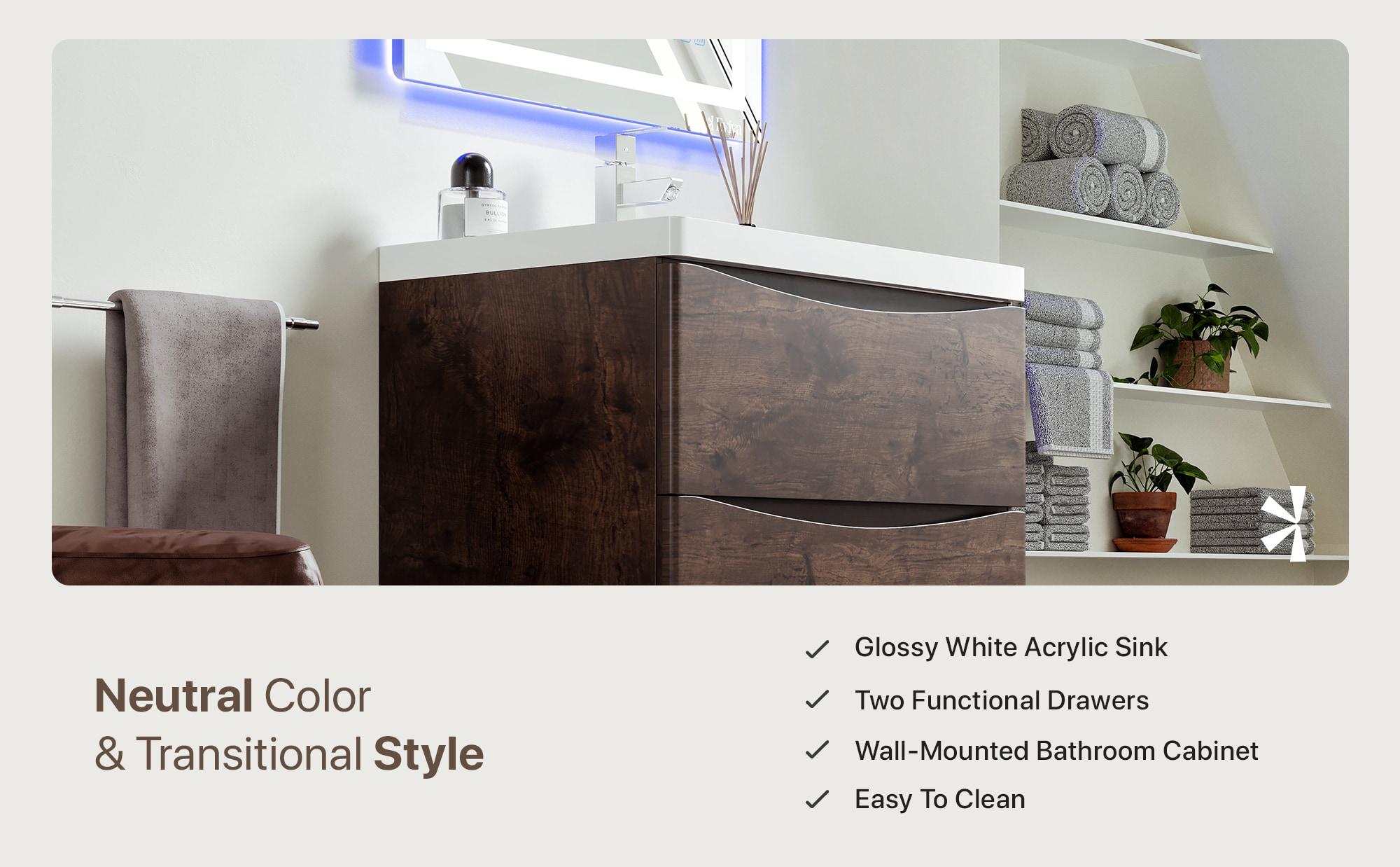 Eviva Smile 30" Rosewood Modern Bathroom Vanity Set with Integrated White Acrylic Sink
