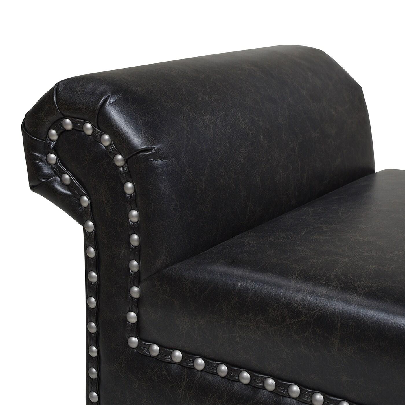 Kathy Roll Arm Entryway Accent Bench Vintage Black Brown Faux Leather
