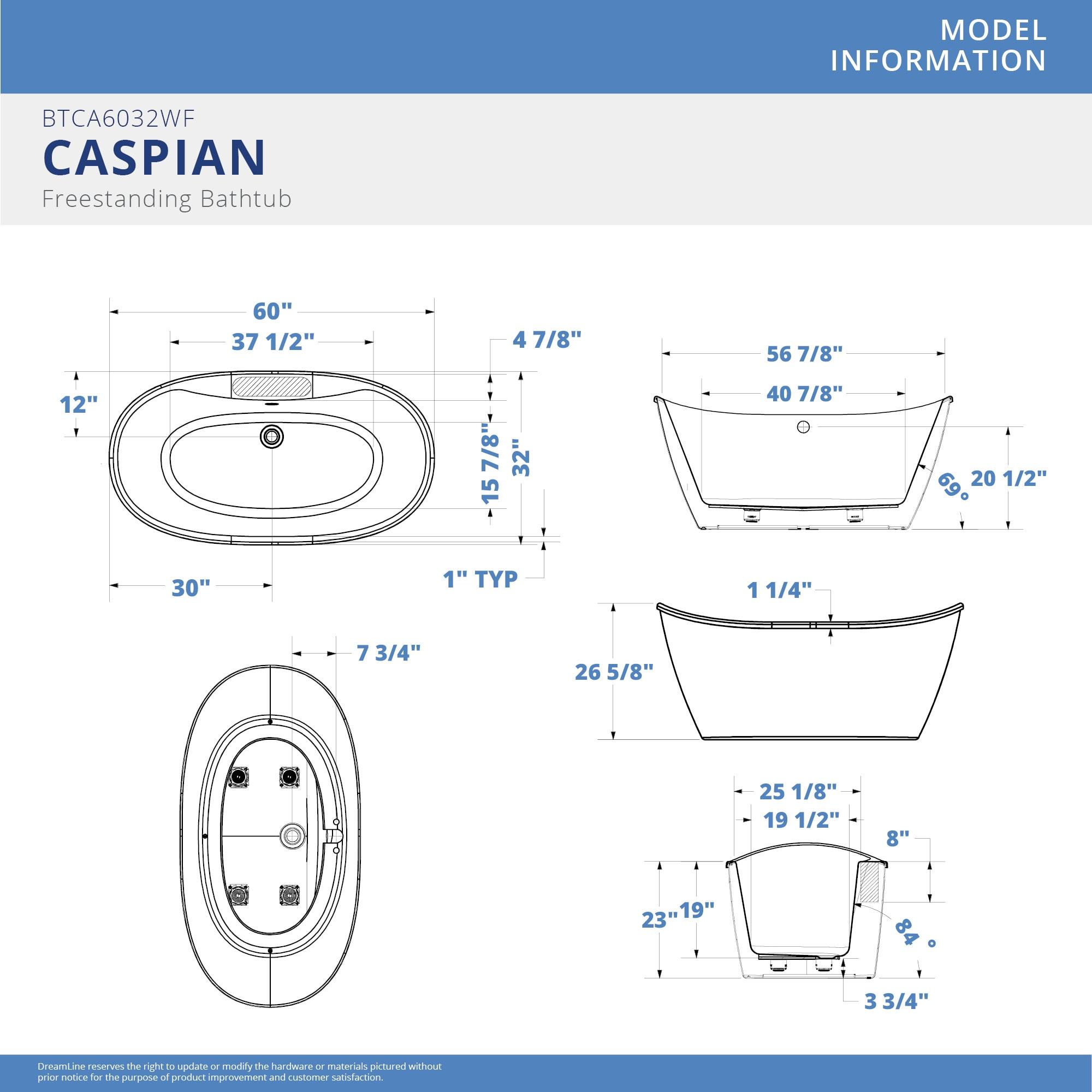 60" L x 32" W Free Standing Soaking Acrylic Bathtub