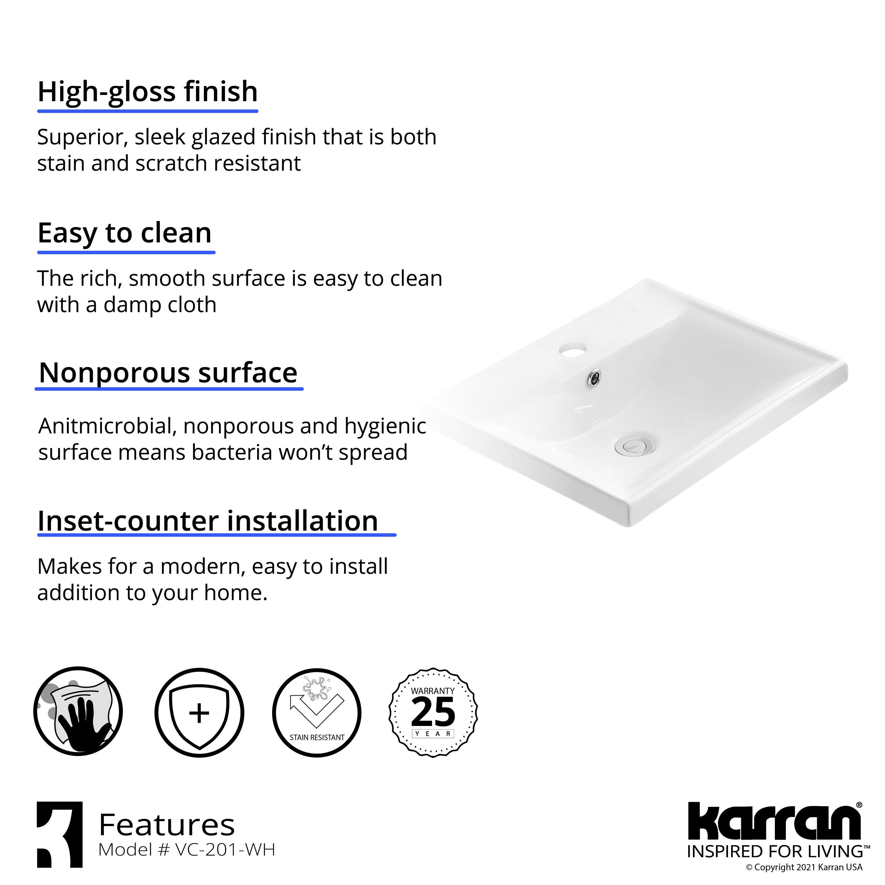 Karran Valera 20 In. Top Mount Vitreous China Rectangular Bathroom Sink With Overflow Drain