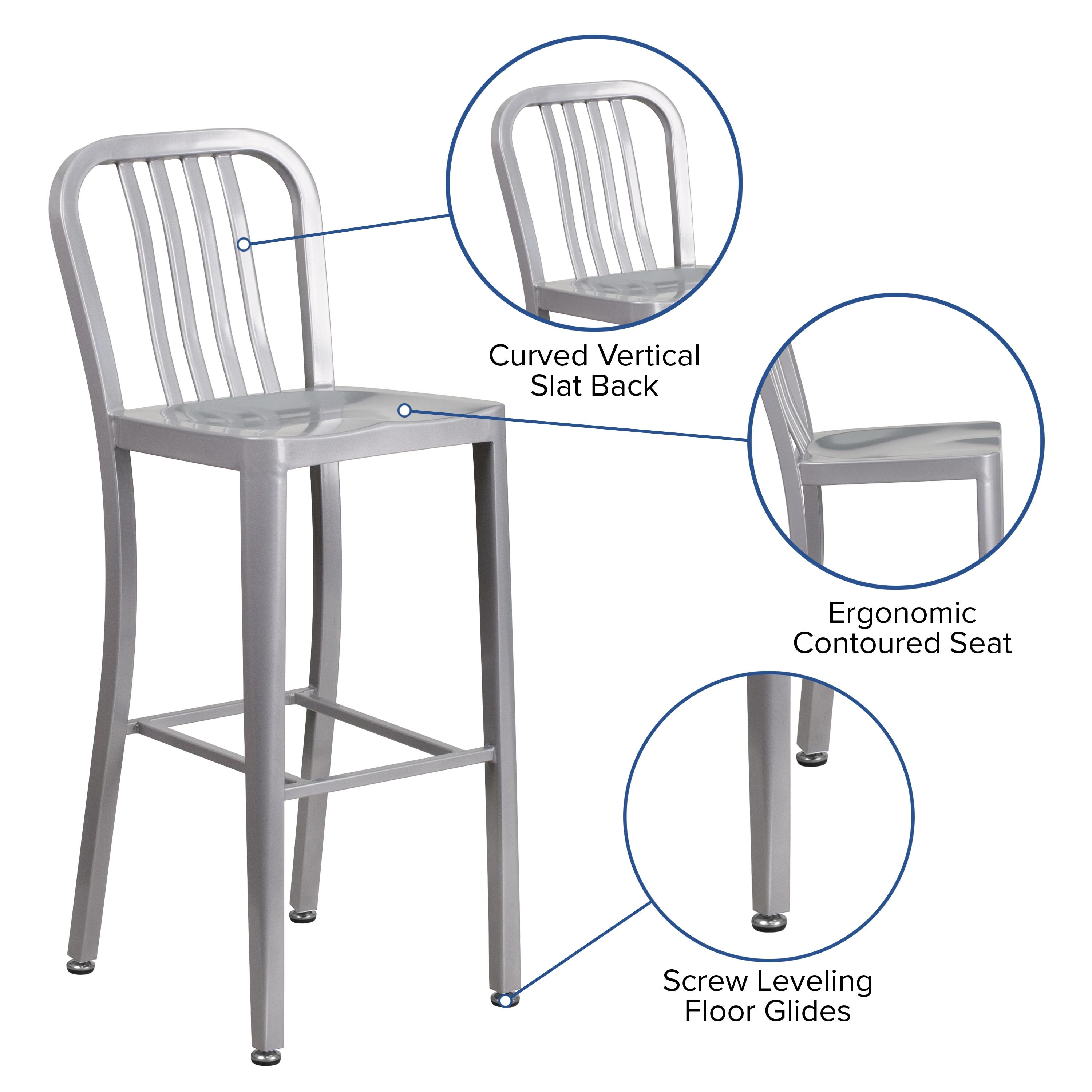 Flash Furniture Commercial Grade 30" High Silver Metal Indoor-Outdoor Barstool with Vertical Slat Back