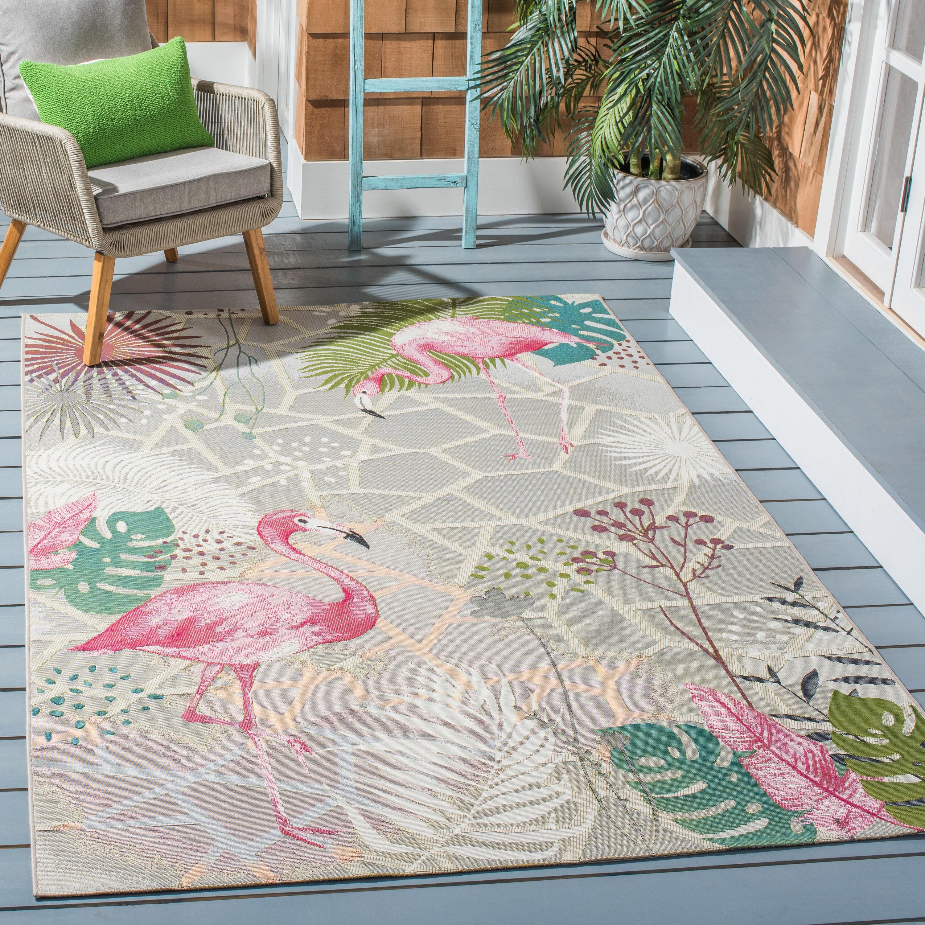 SAFAVIEH Barbados Flamingos Outdoor Area Rug, 6'6" x 9'4", Grey/Pink