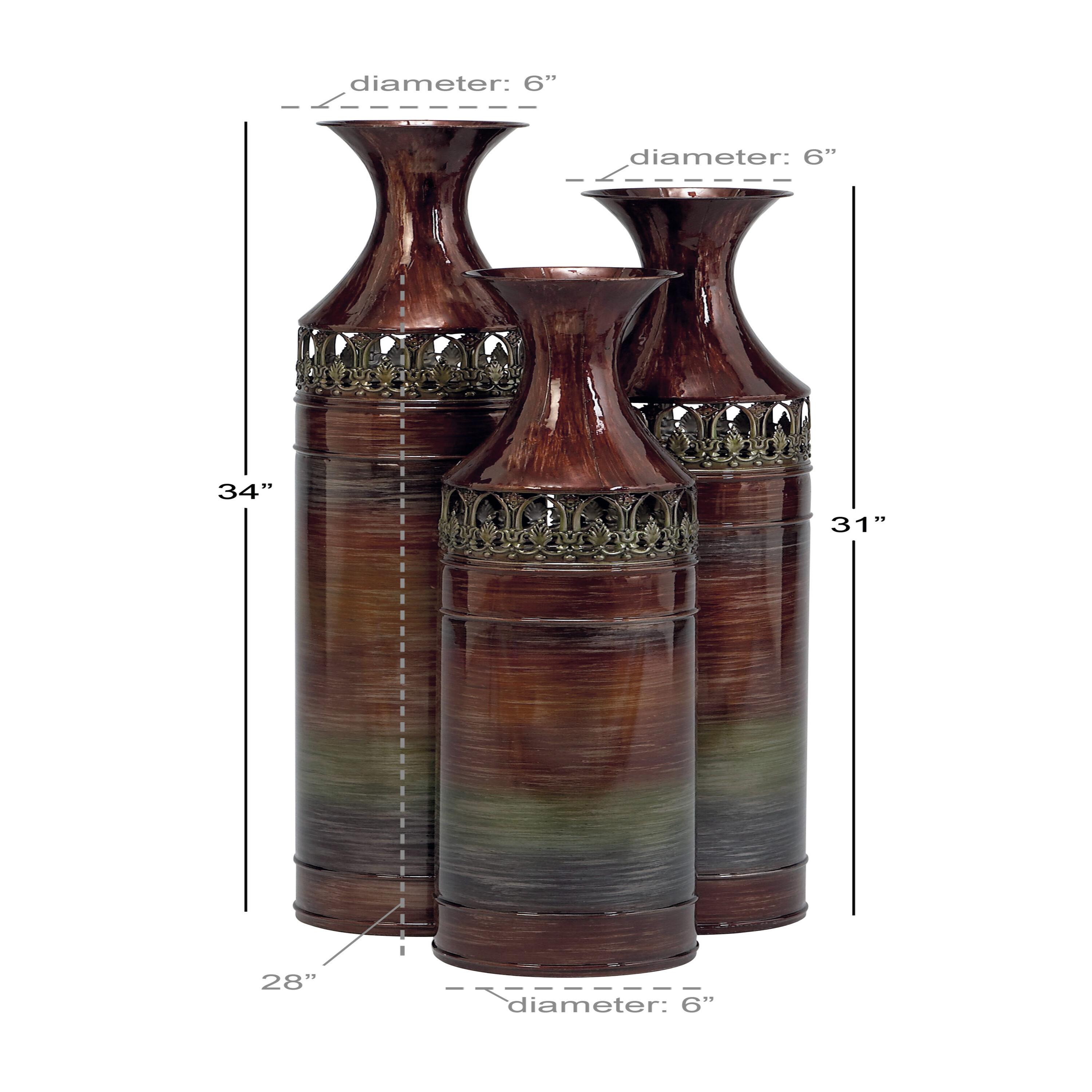 DecMode 34", 31", 28"H Tall Ombre Bronze Metal Vase with Laser Cut Antefix Design, Set of 3