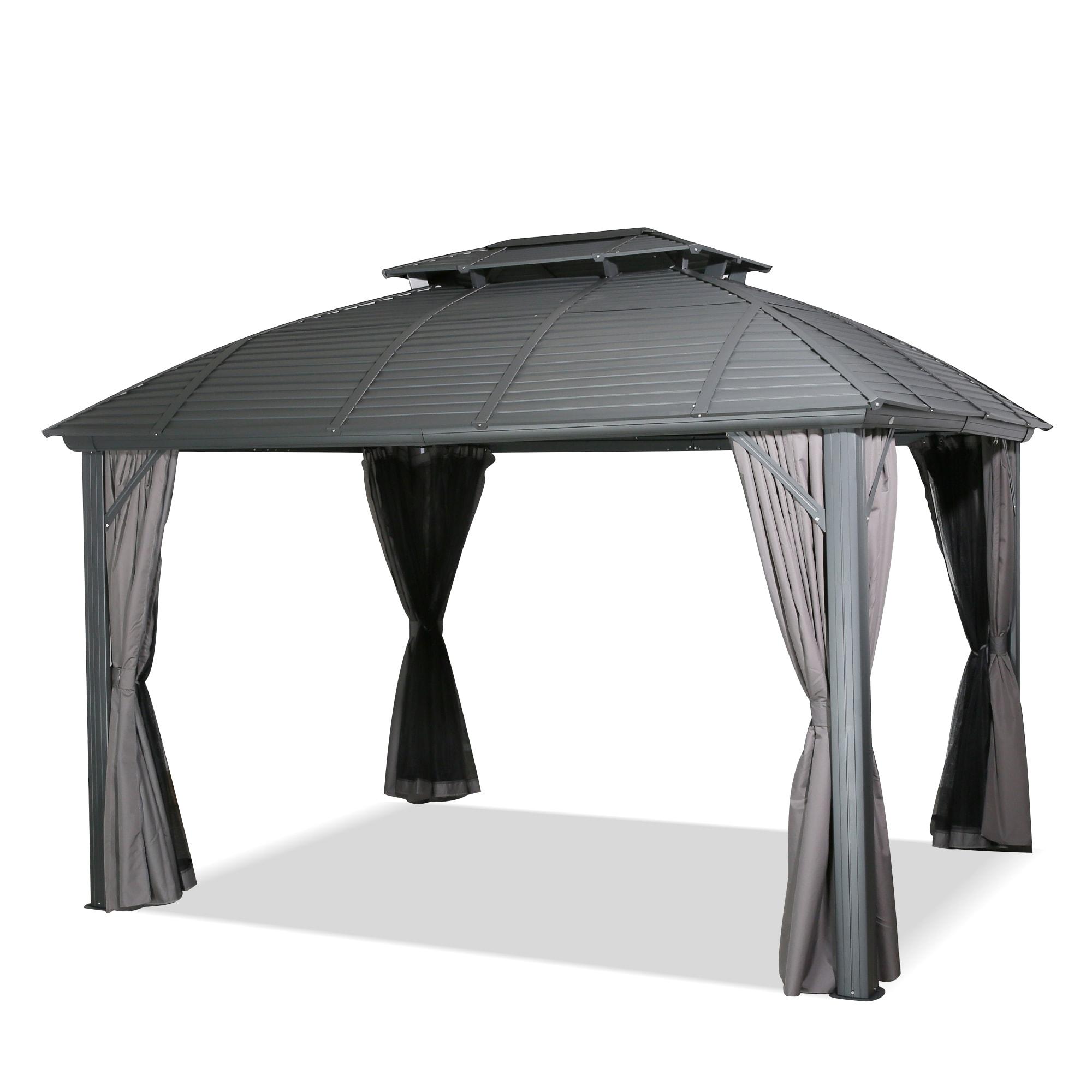 Sunmthink Patio 10x12 ft. Hardtop Gazebo, Double Roof Aluminum Frame with Netting and Curtains, Gray