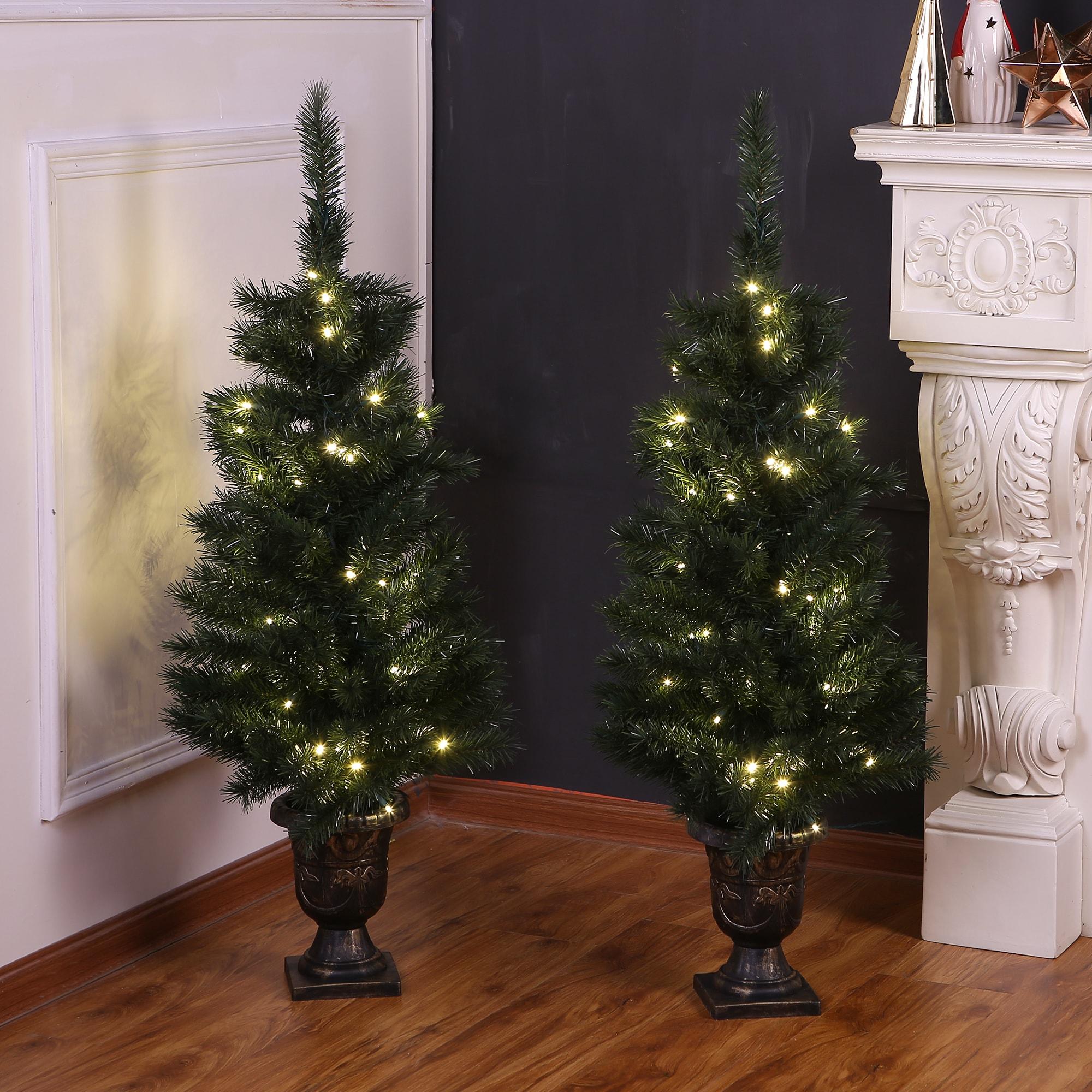 LuxenHome Set of 2 Small Christmas Tree, 3.9Ft Artificial Prelit Christmas Tree with Lights, 2 Pack Lighted Christmas Tree Potted Green