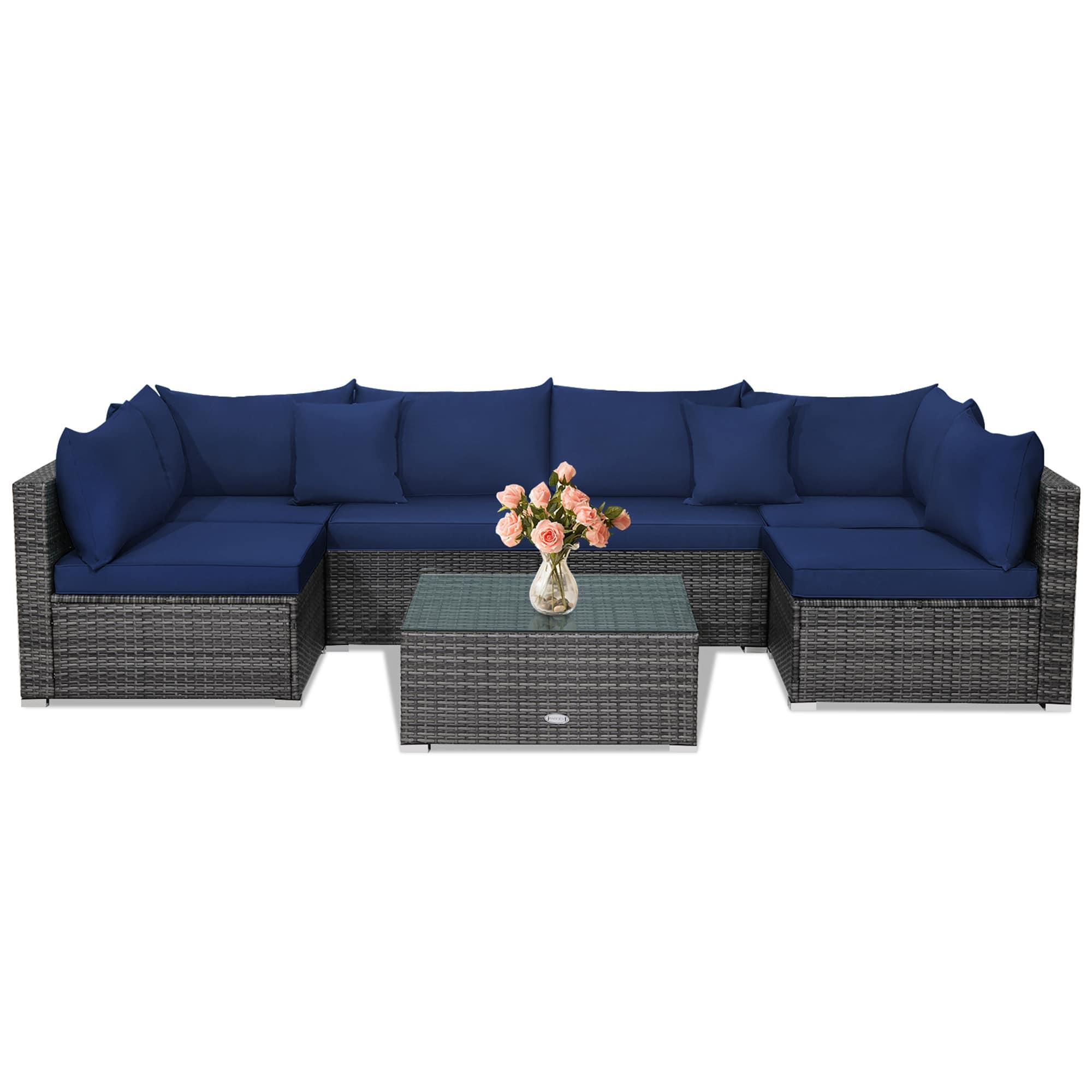 Costway 7PCS Patio Rattan Furniture Set Sectional Sofa Cushioned Garden Navy