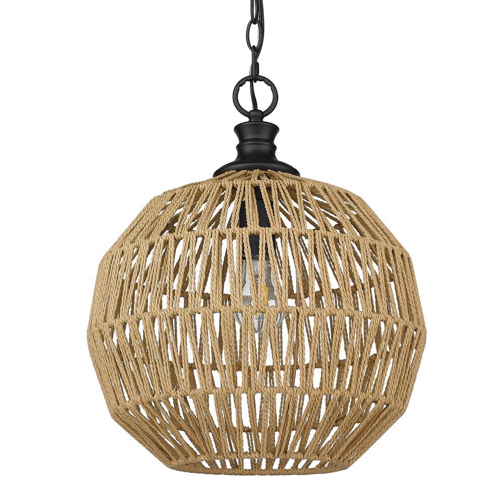 Golden Lighting Florence 1-Light Pendant in Matte Black with Natural Raphia Rope