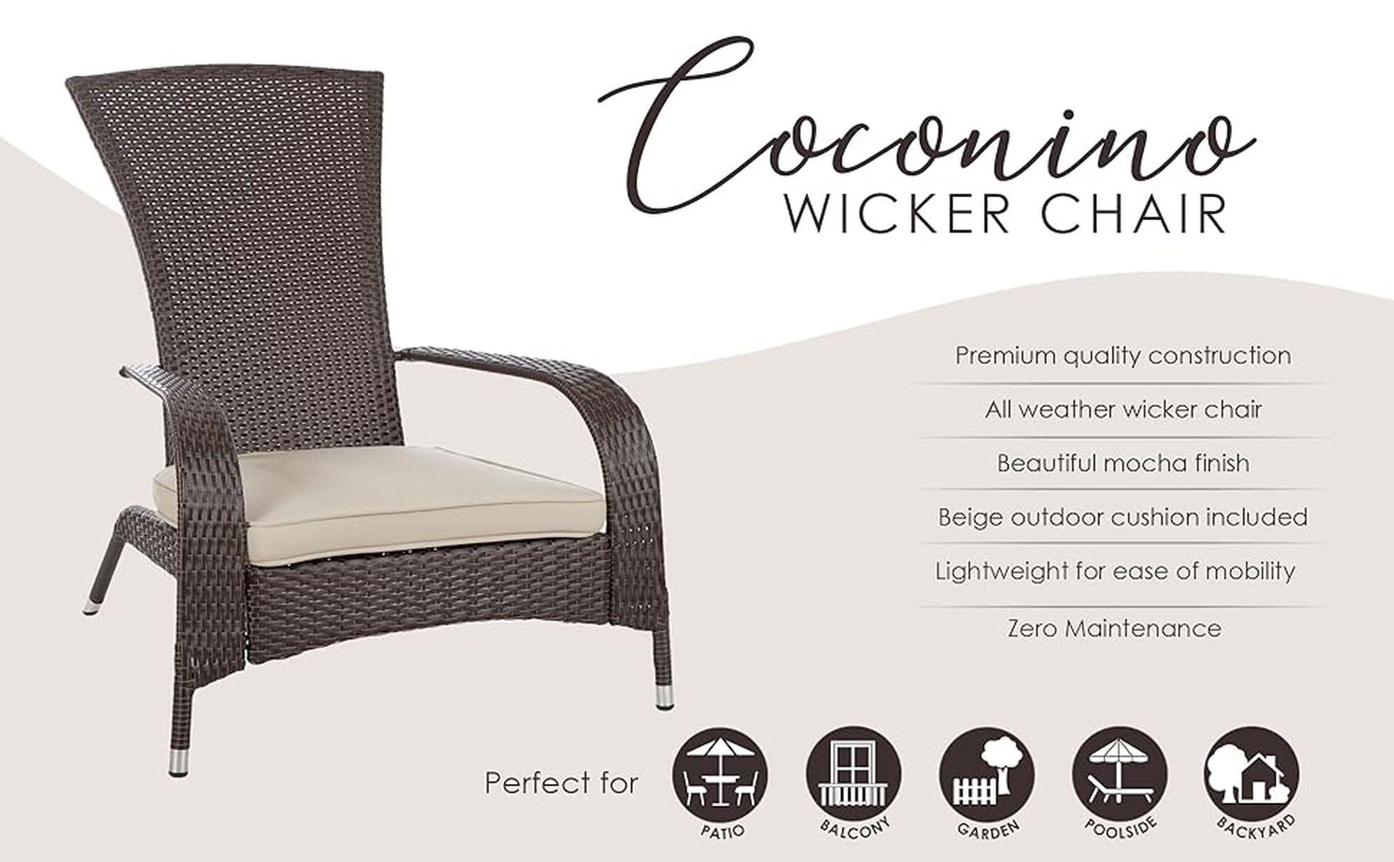 PatioSense Duplex Patio Sense Coconino Wicker Conversation Set, Durable Adirondack Style Chairs Includes Khaki Cushions - Mocha