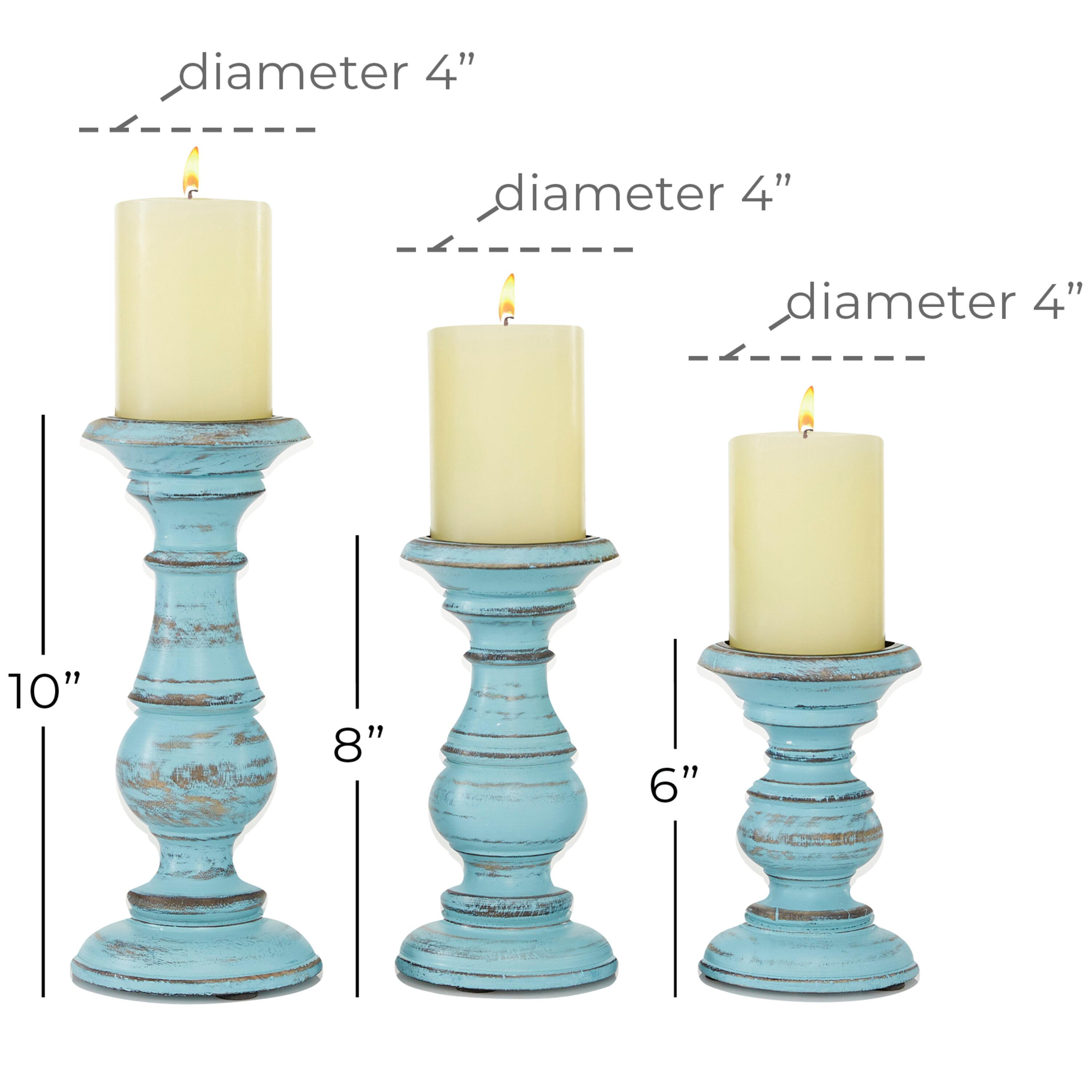 DecMode Traditional and Timeless Mango Wood Pillar Candle Holder Set of 3, 6", 8", 10"H, Light Blue Finish