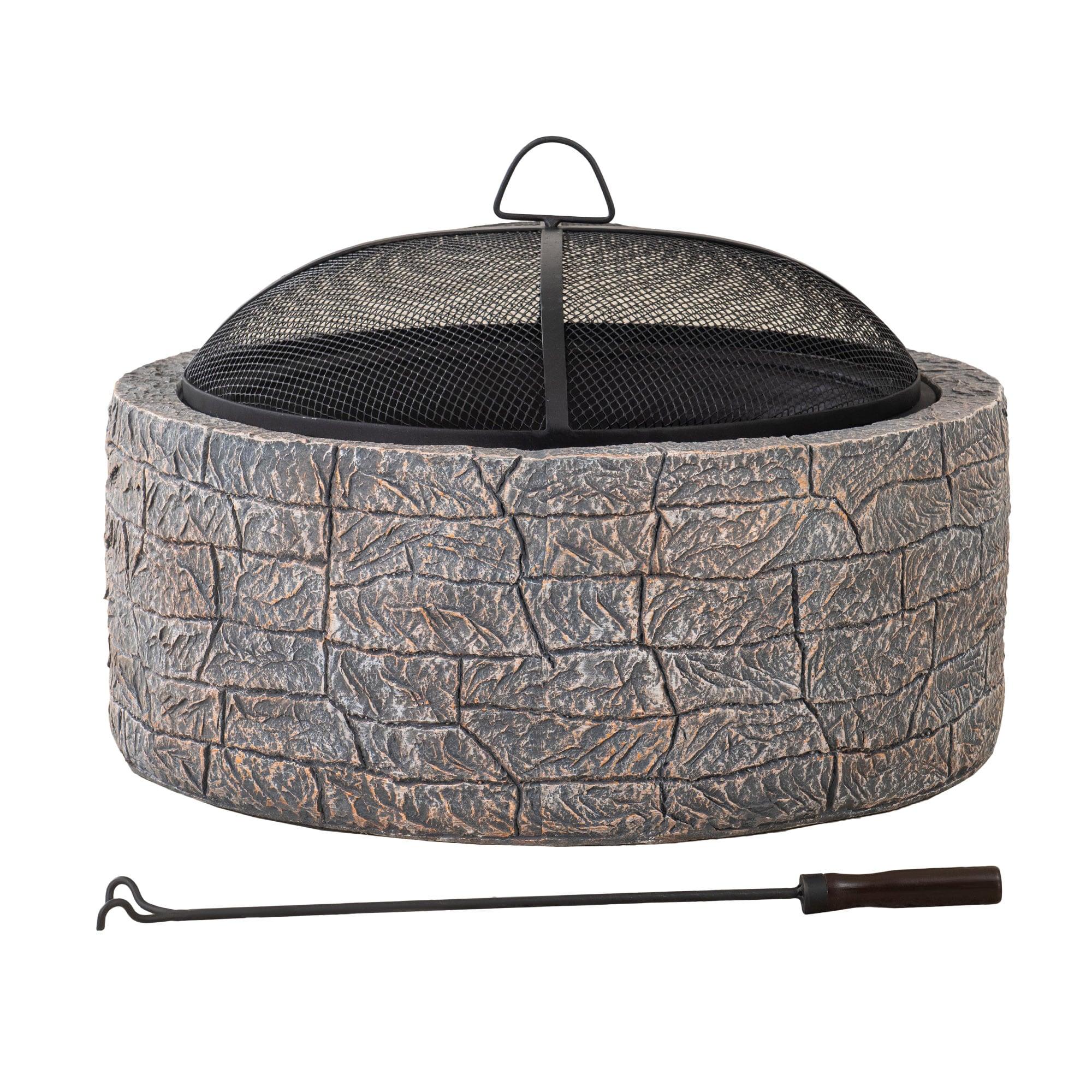 SUNJOY 26 Inch Stone Fire Pit, Patio Outdoor Round Wood Burning Fire Pits for Outside with Spark Screen and Poker, Stone Gray