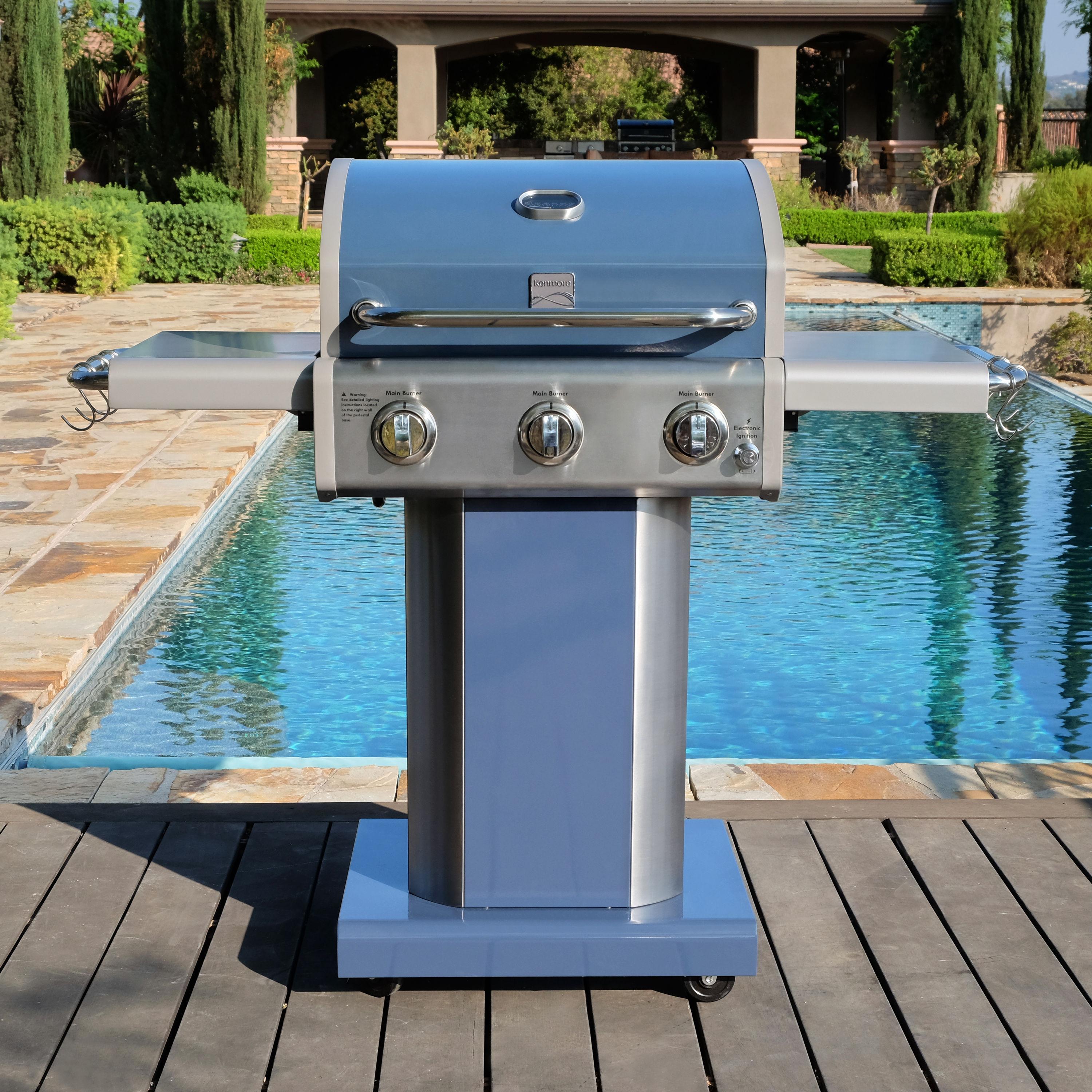 Kenmore 3-Burner Propane Gas Grill with Foldable Side Tables for Outdoor BBQ