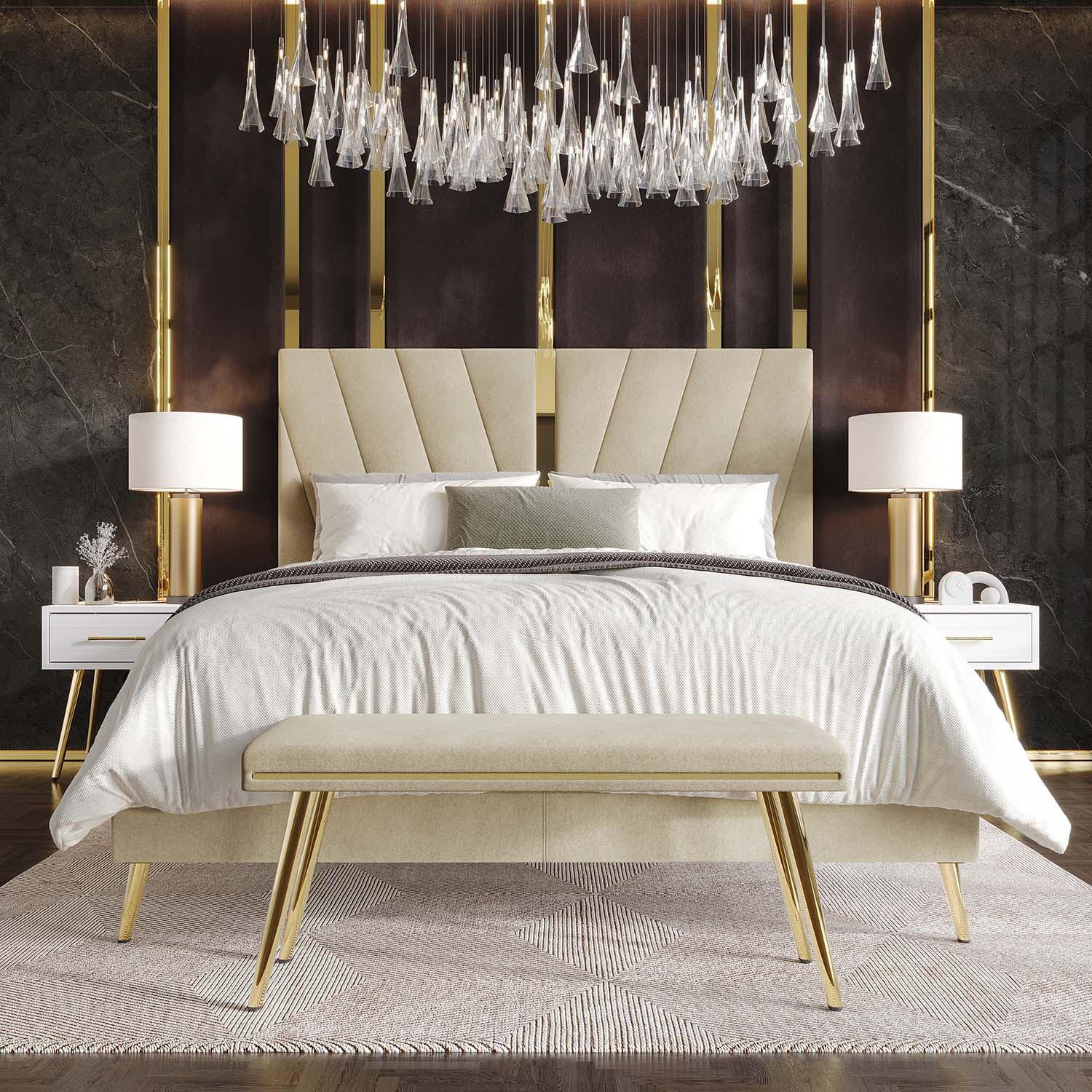 Castle Place Contemporary Velvet Full Upholstered Bed with 2 Nightstand and Bench, Champagne
