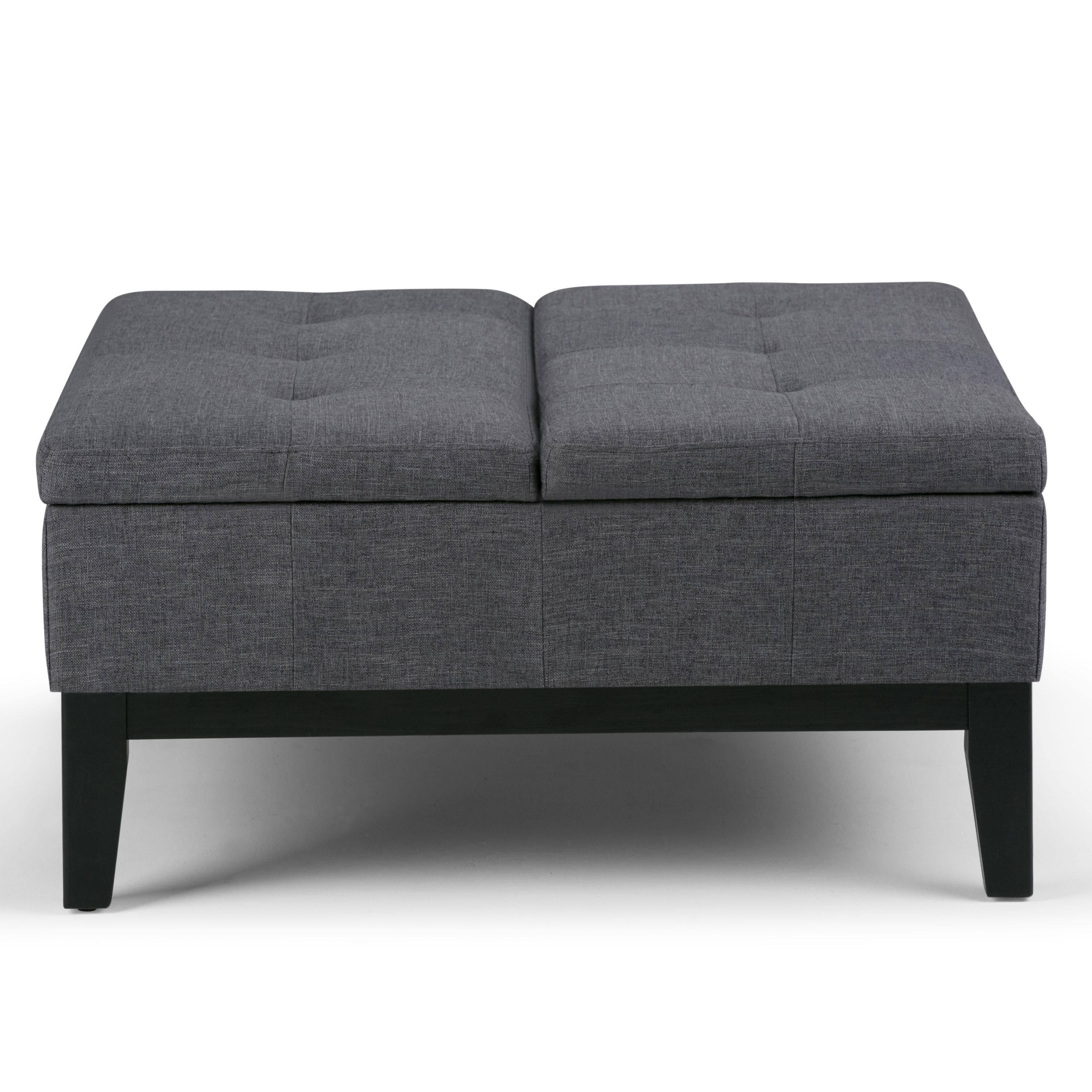 Simpli Home Dover 36"W Upholstered Square Coffee Table Storage Ottoman with Split Tufted Lift Top