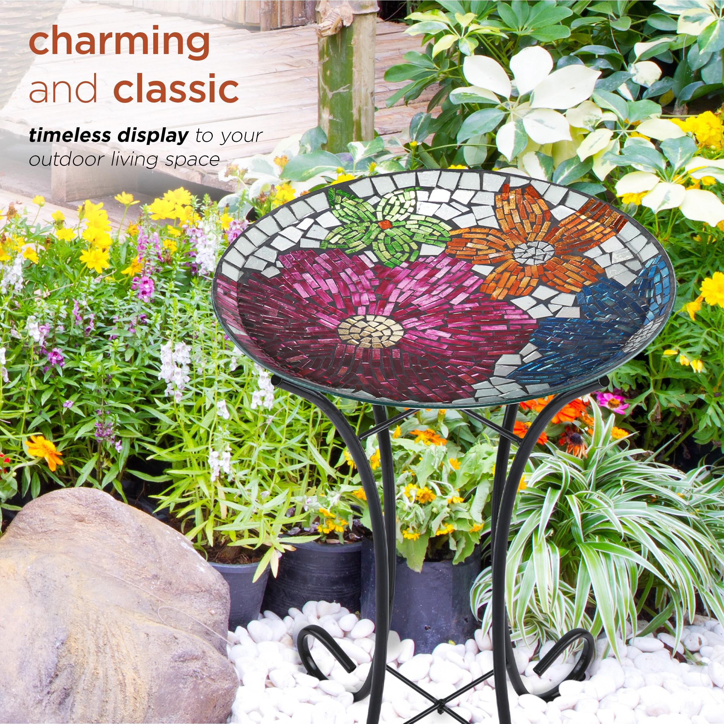 23" Outdoor Floral Glass Birdbath Bowl with Metal Stand - Alpine Corporation