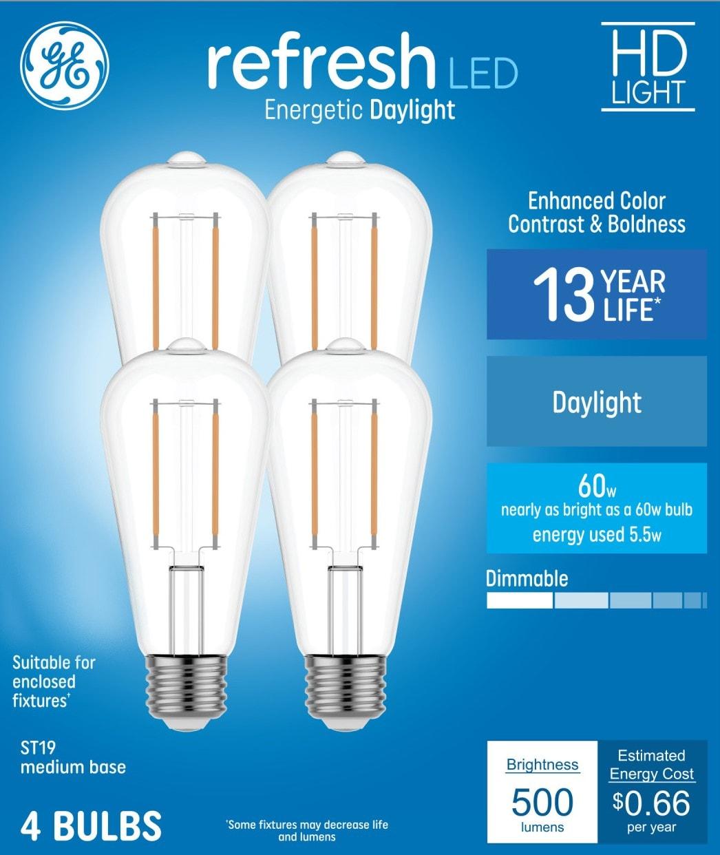 GE Refresh HD 60-Watt EQ ST19 Daylight Medium Base (e-26) Dimmable LED Decorative Light Bulb (4-Pack) Item #4977789 Model #9313022