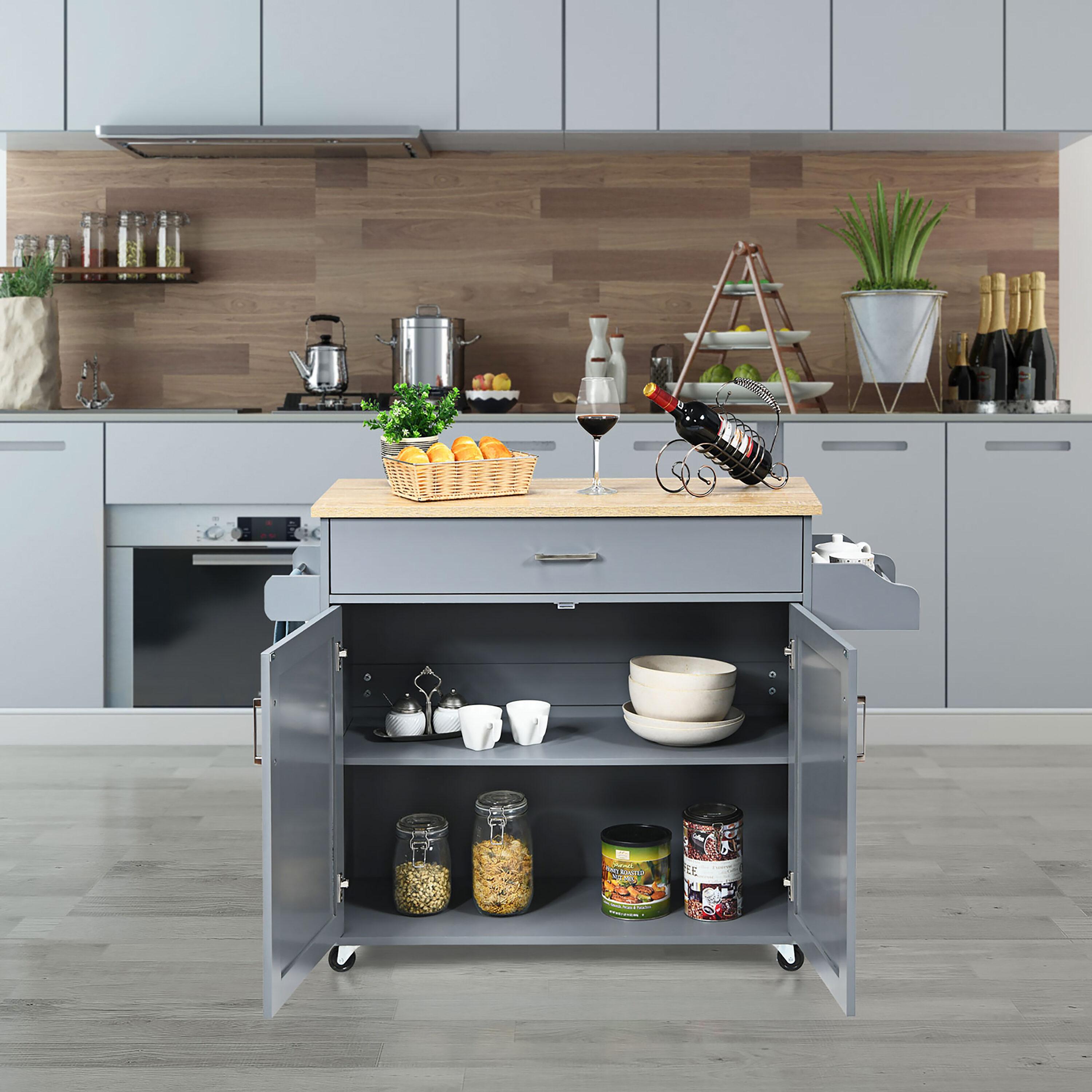 Costway Kitchen Island 44" Rolling Kitchen Cart with Drawer Adjustable Shelf Spice Rack Gray