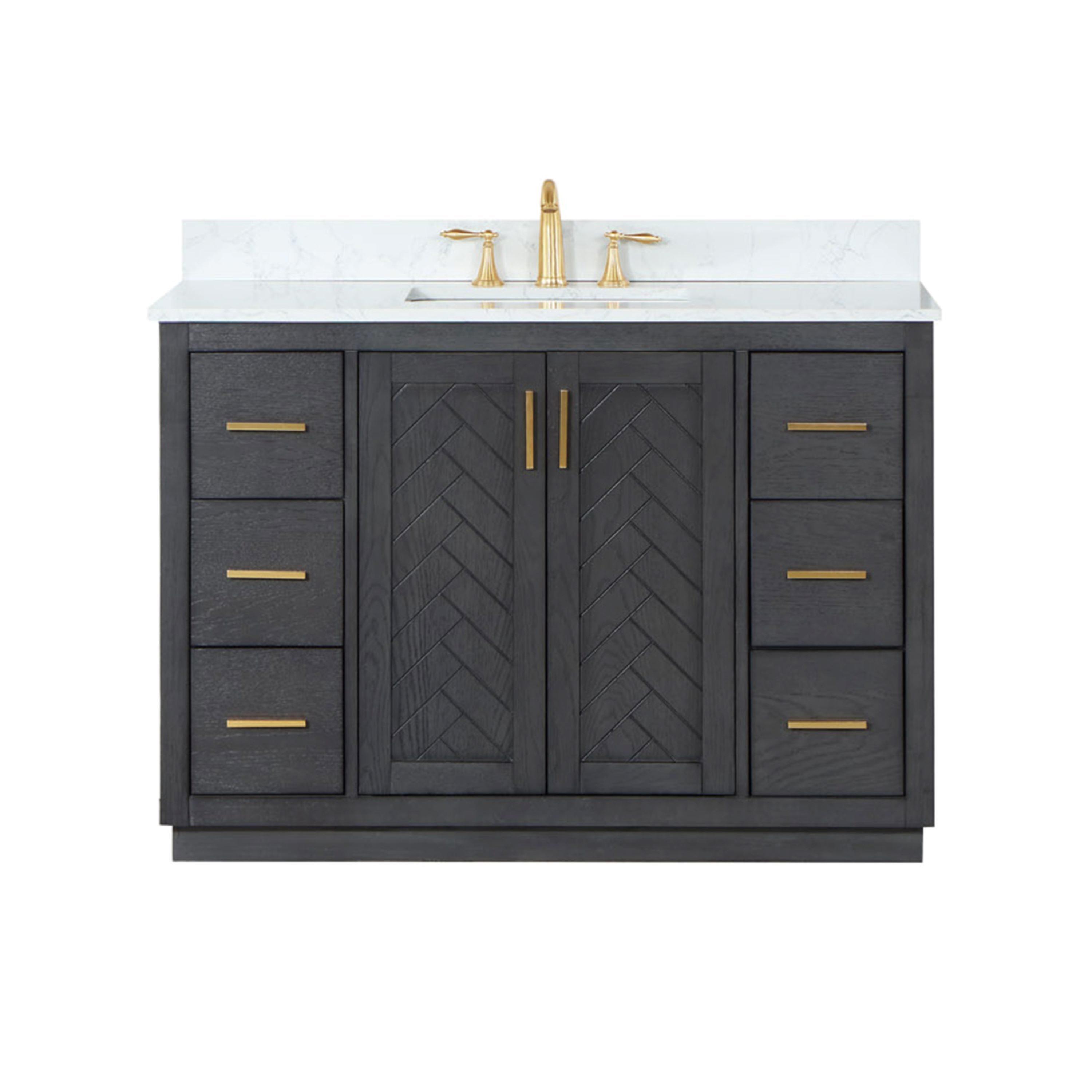 Gazsi 48" Single Bathroom Vanity Set in Brown Oak with Grain White Composite Stone Countertop without Mirror