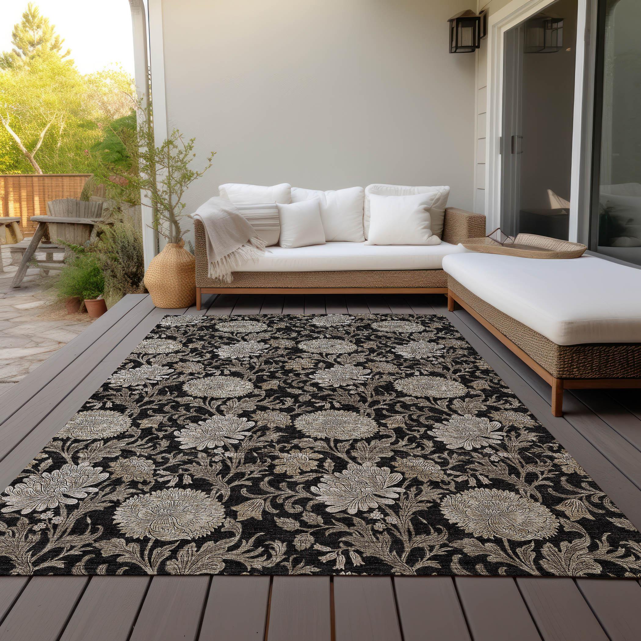 Addison Rugs Chantille Indoor/Outdoor Transitional Floral Black Washable Rectangle Rug, 5' x 7'6"