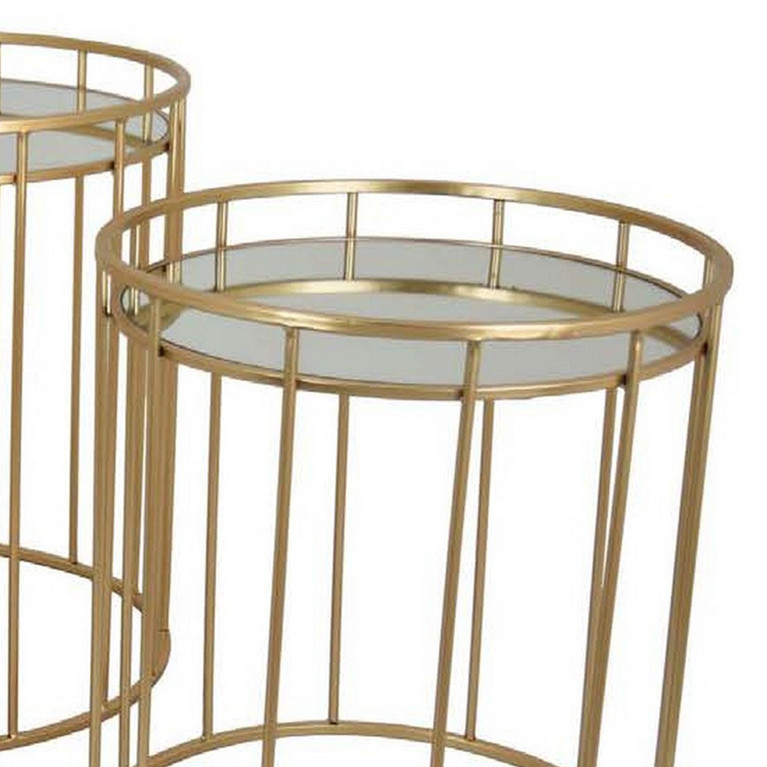 Benjara 20 Inch Plant Stand Table Set of 3, Gold Metal Frame, Mirror Tray Top