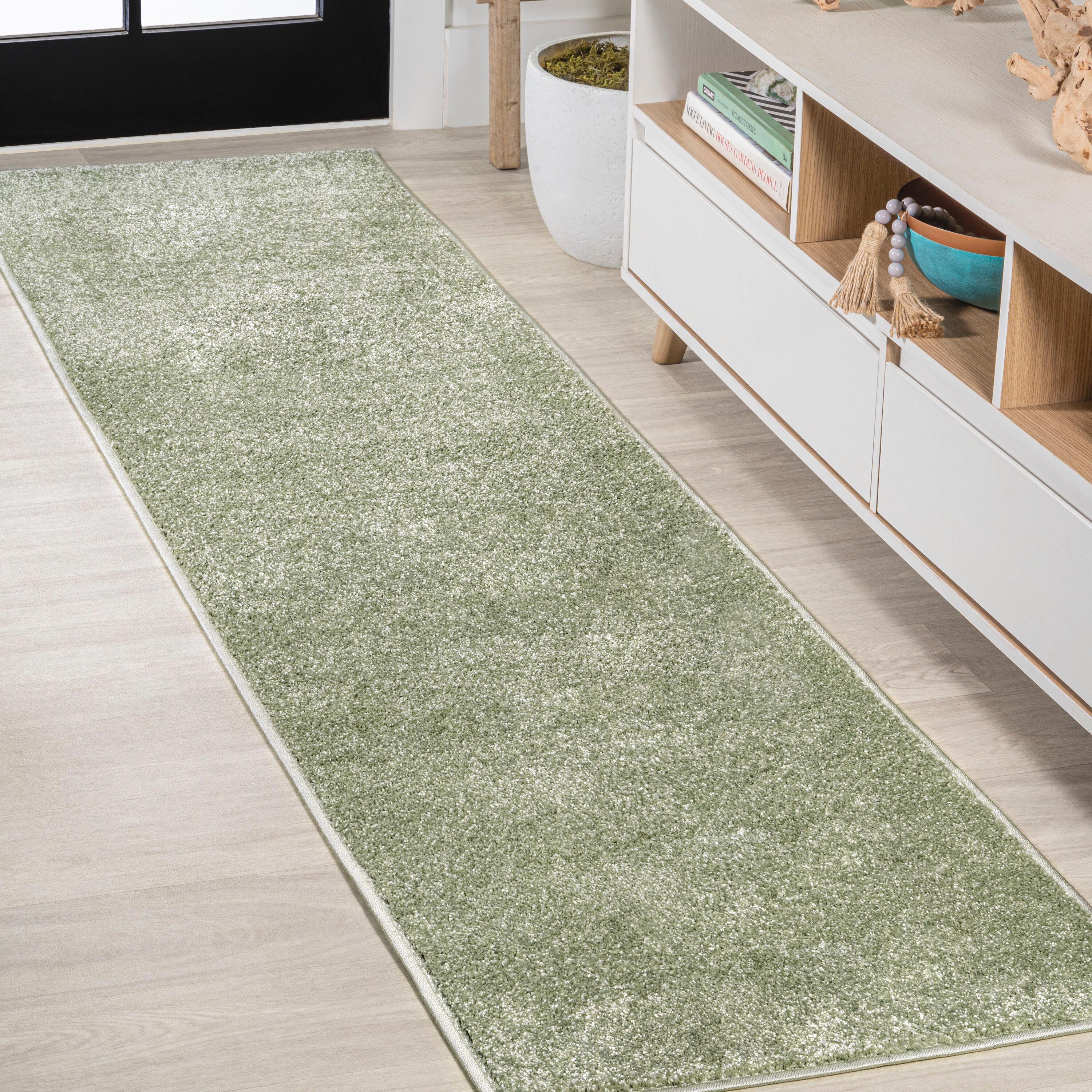 Haze Solid Green Low-Pile Synthetic Runner Rug, 2 x 8 ft