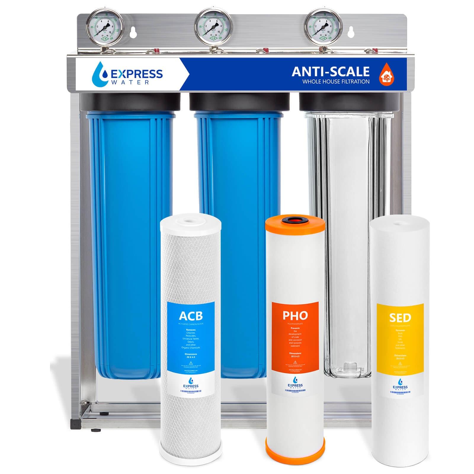 Express Water Whole House Water Filter, 3 Stage Water Filtration, Sediment, Polyphosphate Anti-Scale, Carbon Filters Includes Pressure Gauges, Easy Release, and 1 Inch Connections, 23.5" x 8.5" x 30"