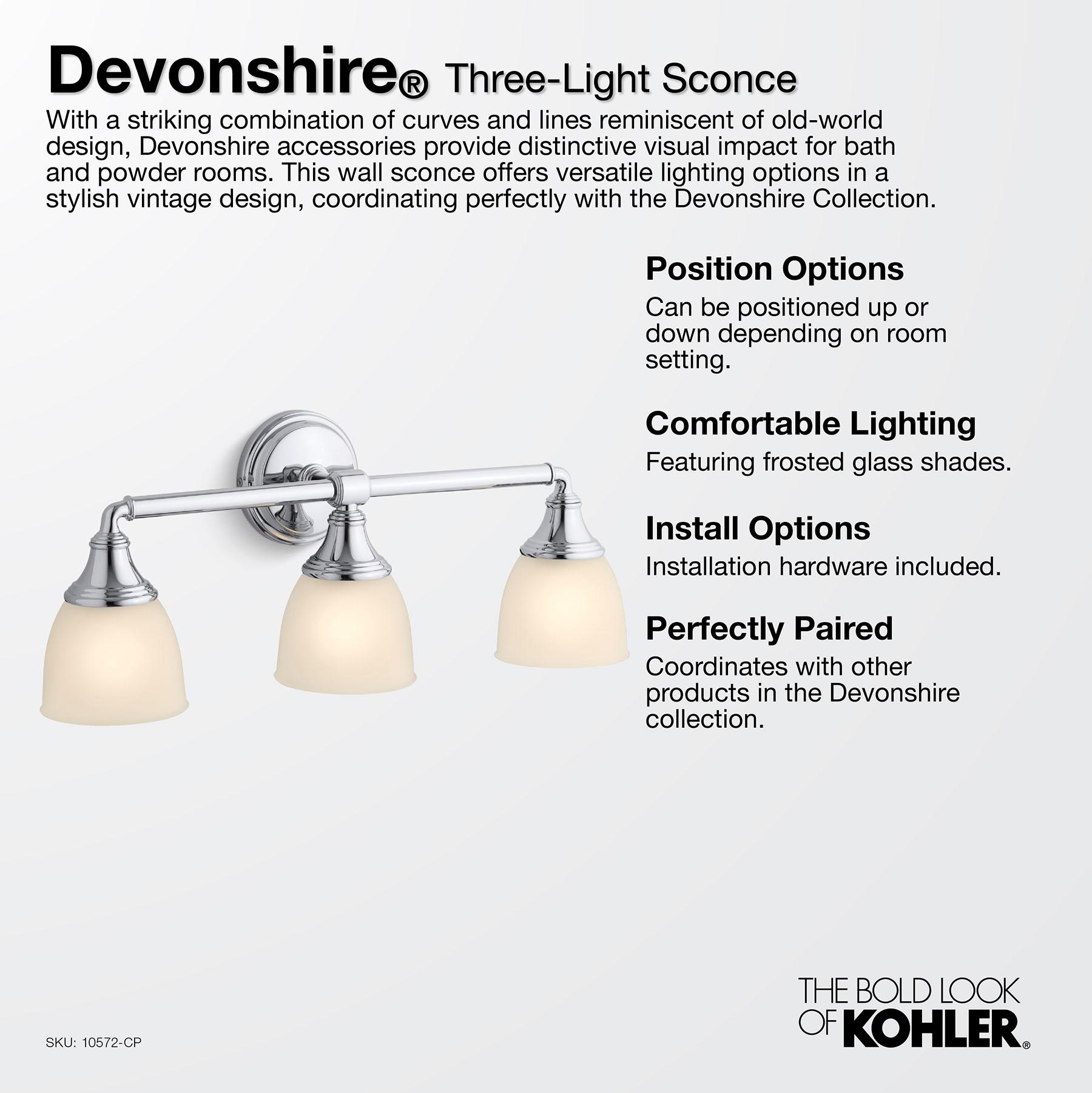 Devonshire 3 Light Indoor Bathroom Vanity Light Fixture, Position Facing Up or Down, UL Listed