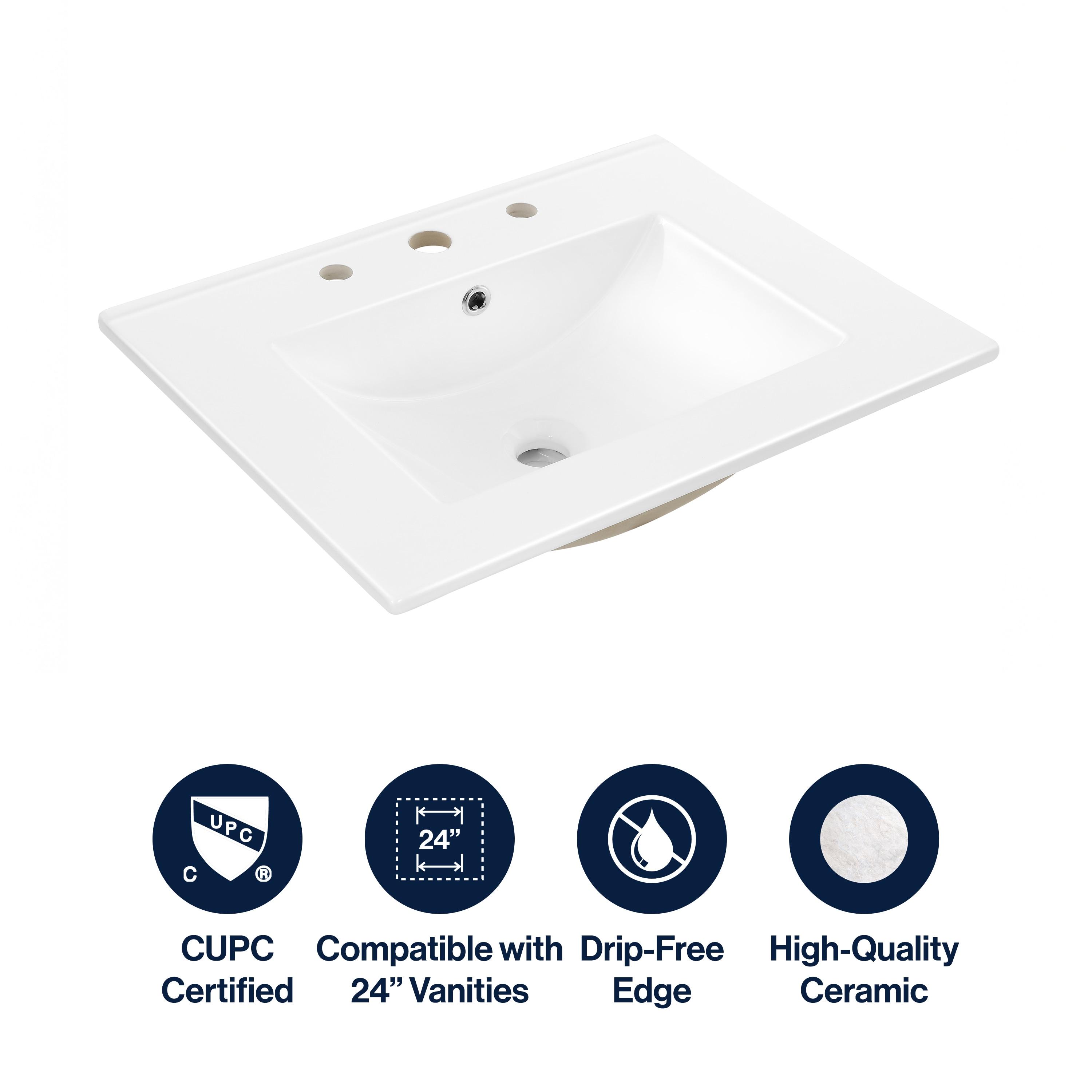 Ancillary 3-Hole 24" Classic Contemporary Rectangular Ceramic Single Sink Basin Vanity Top
