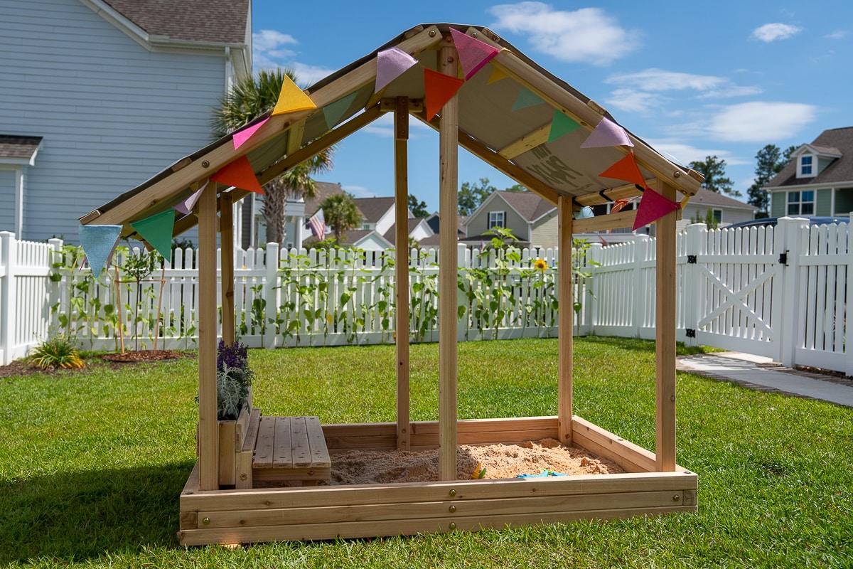 Dig n Play Wooden Sandbox Playhouse with Bench & Flower Planter, Outdoor Sand Pit for Kids