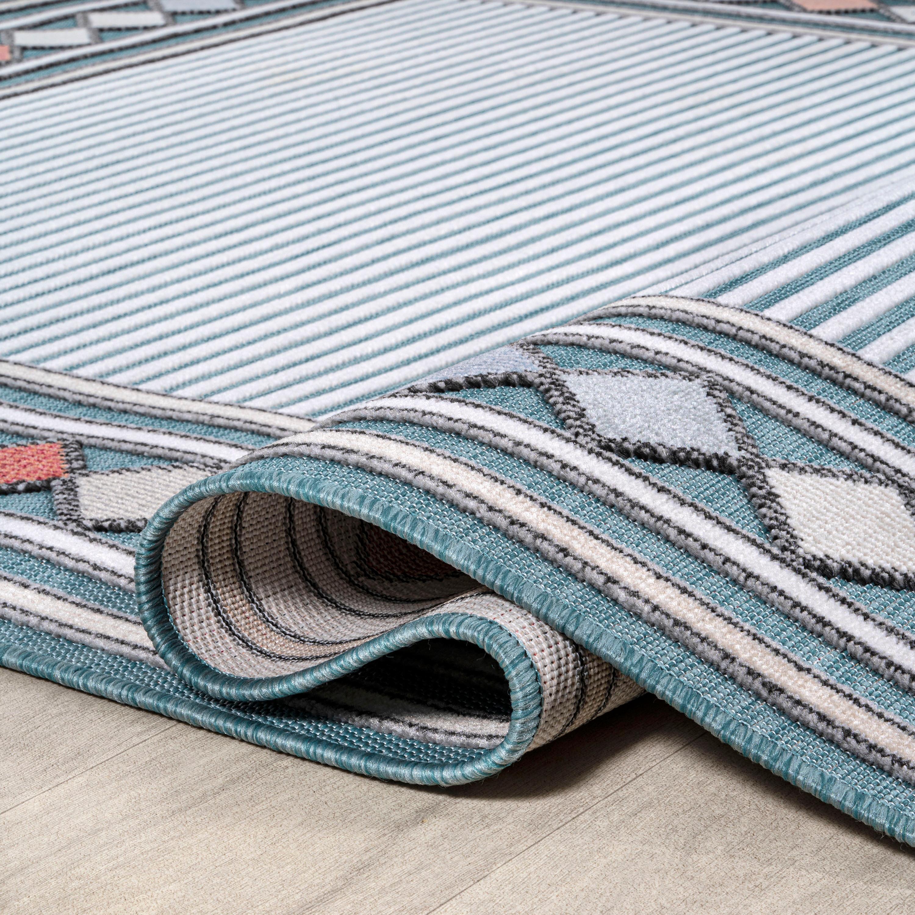 JONATHAN Y Sebastian High-Low Modern Diamond Border Blue/Ivory 2 ft. x 8 ft. Indoor/Outdoor Runner Rug