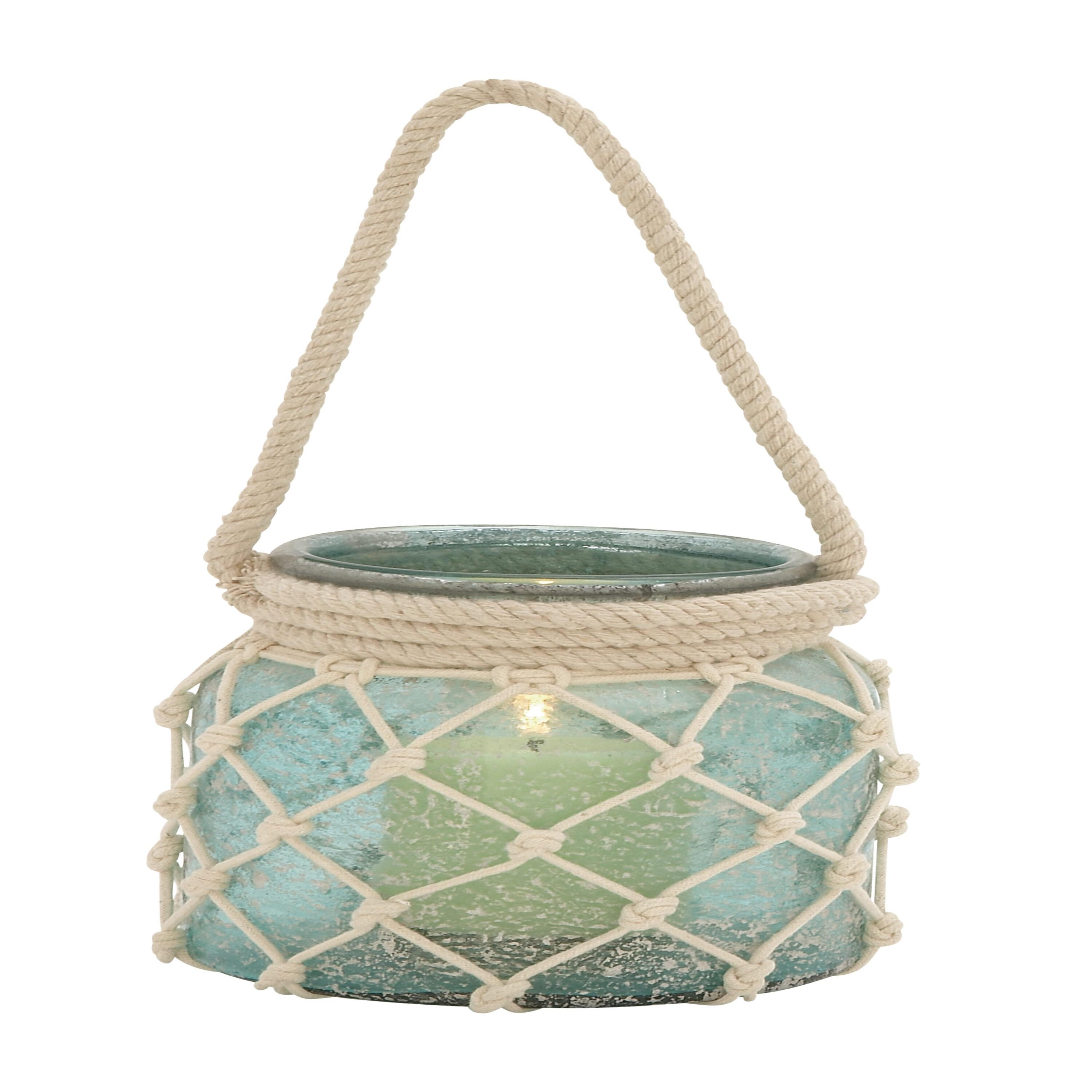 DecMode Blue Glass Decorative Candle Lantern with Rope Handle