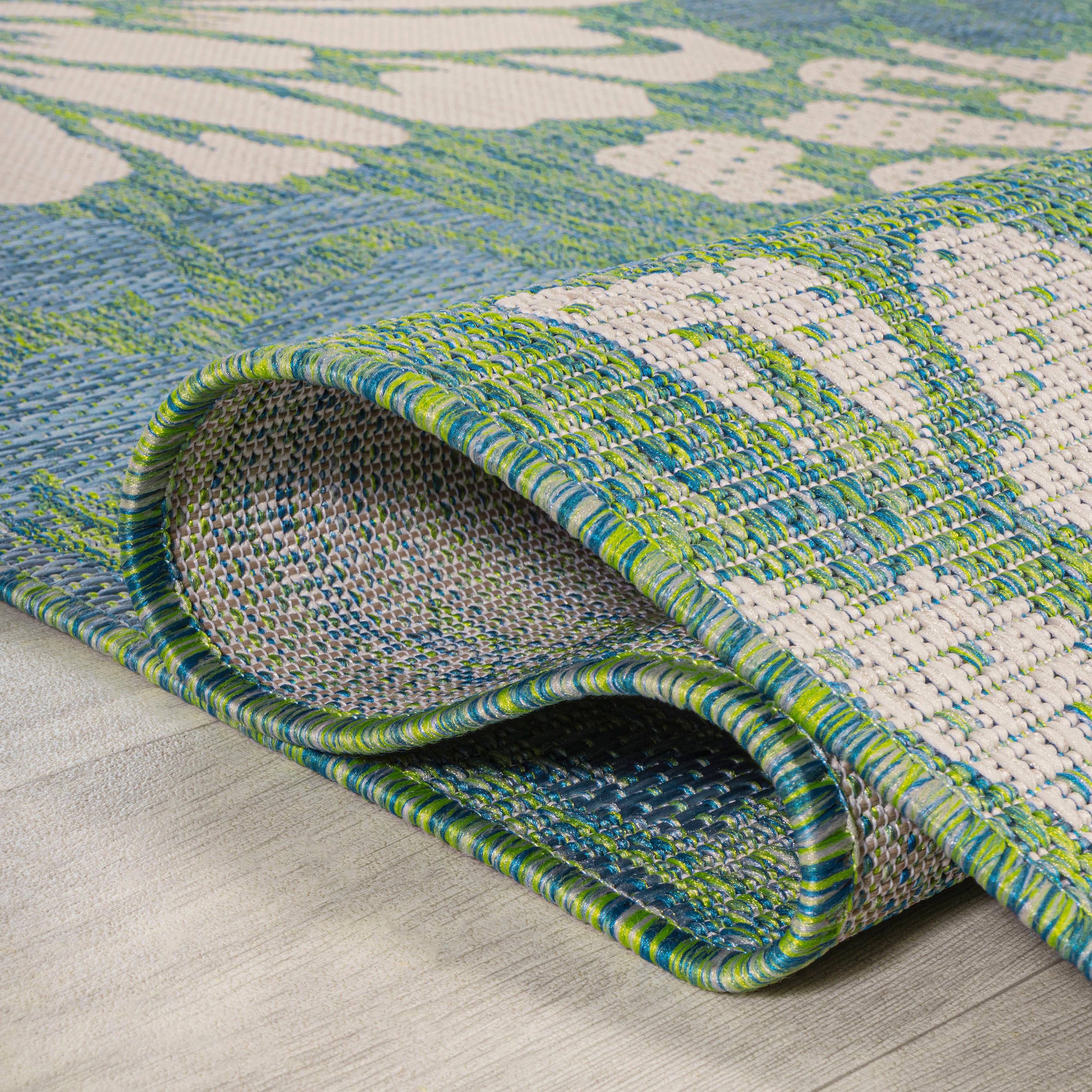2' x 10' Zinnia Modern Floral Textured Weave Indoor/Outdoor Runner Rug, Cream/Green - JONATHAN Y