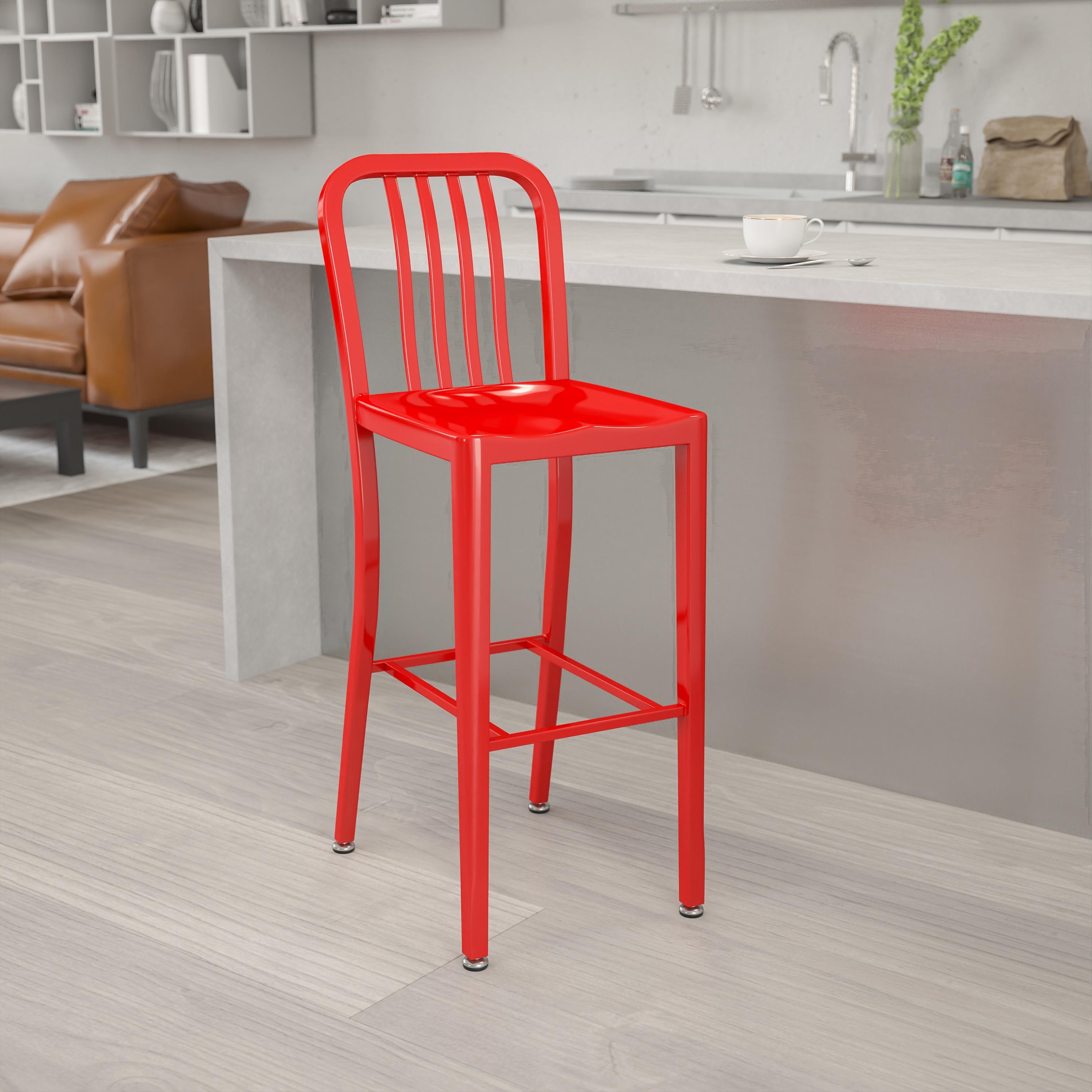 Flash Furniture Commercial Grade 30" High Red Metal Indoor-Outdoor Barstool with Vertical Slat Back