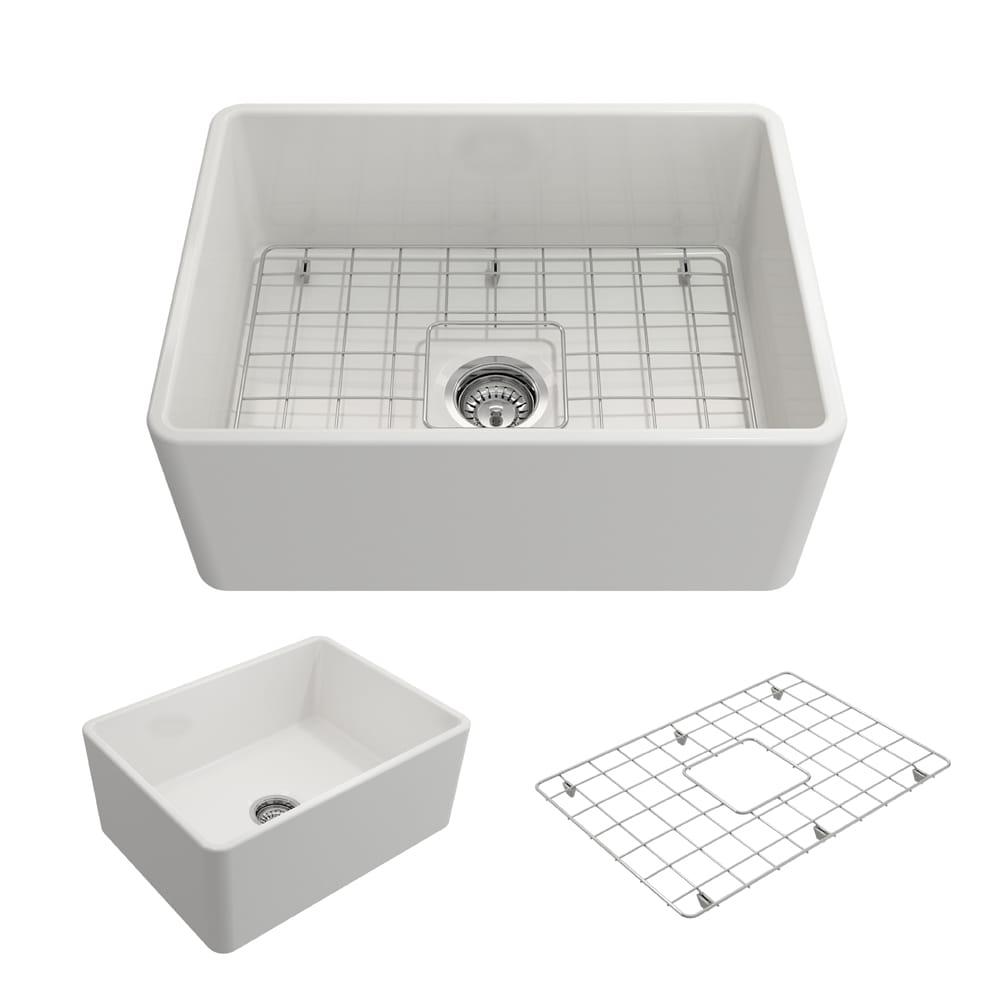 Classico Farmhouse Apron Front Fireclay 24 In. Single Bowl Kitchen Sink With Protective Bottom Grid And Strainer In White