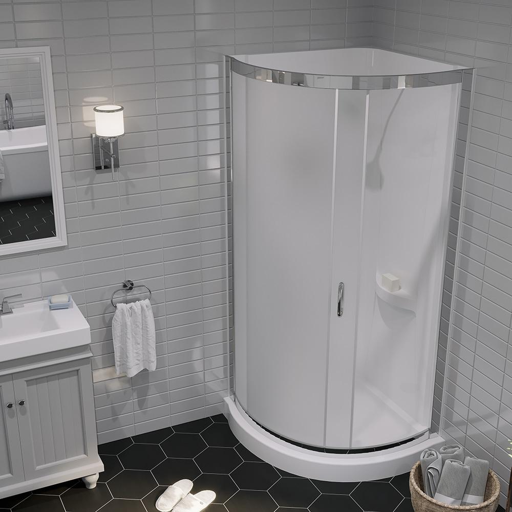 OVE Decors Breeze Framed Round Shower Kit w/ Frosted Glass, Base, Wall in Chrome Finish