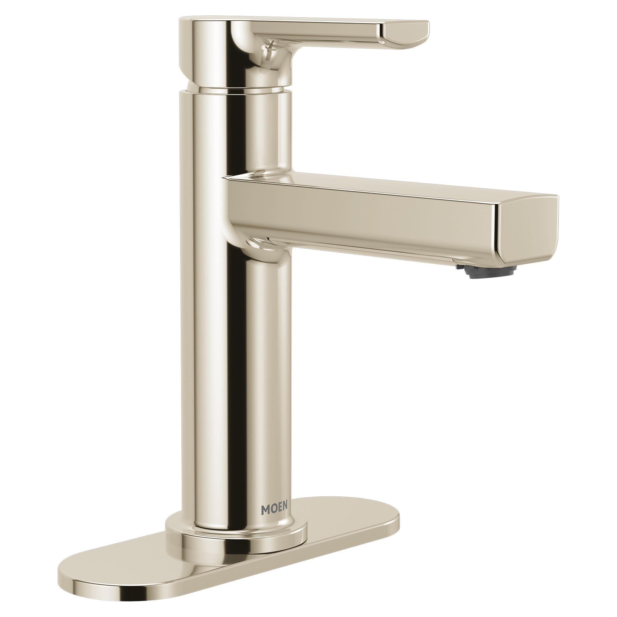Moen 84627NL Rinza Polished Nickel Single hole 1-handle WaterSense High-arc Residential Handle Bathroom Sink Faucet with Drain with Deck Plate
