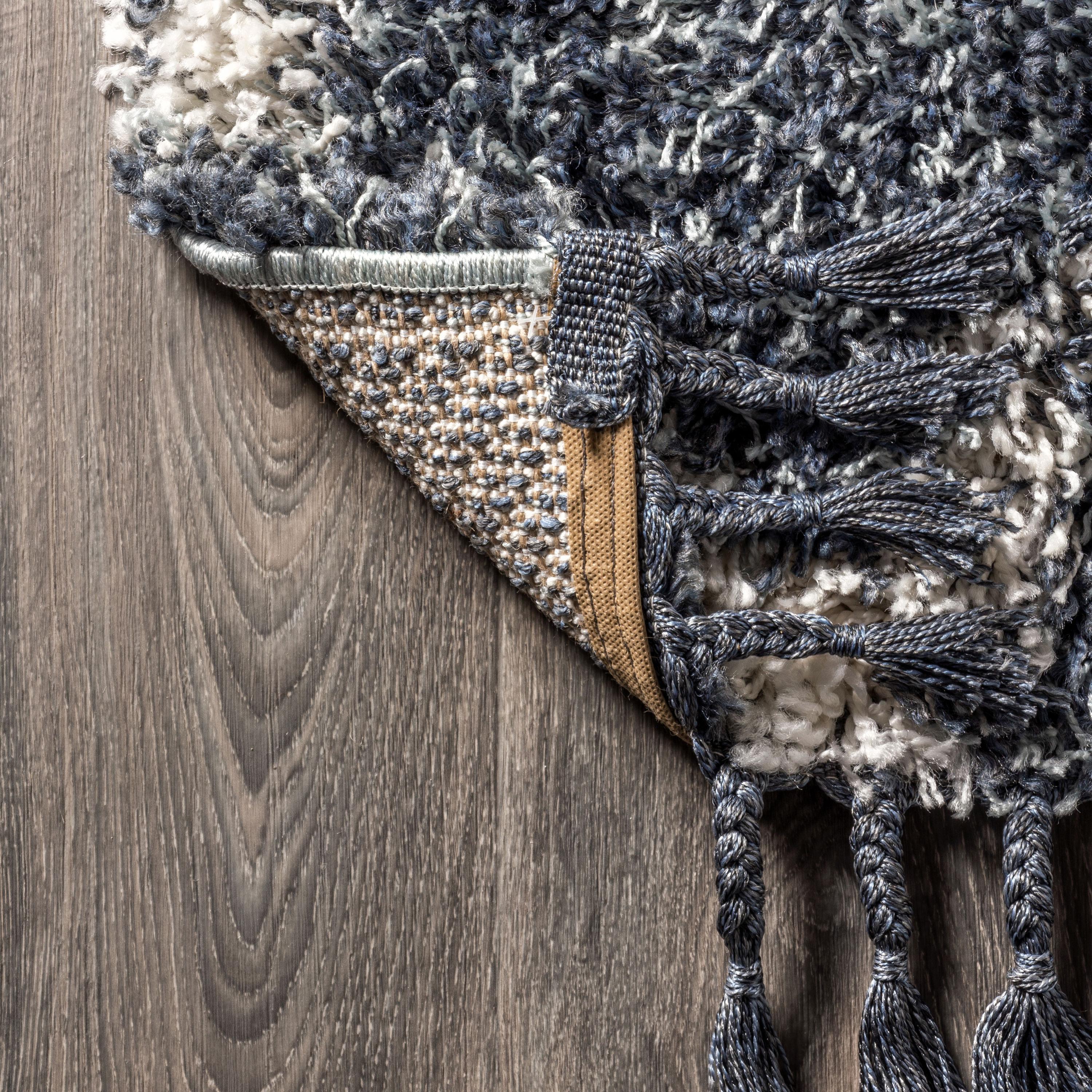 3'x5' Mercer Shag Plush Tassel Moroccan Geometric Trellis Area Rug, Denim/Cream - JONATHAN Y