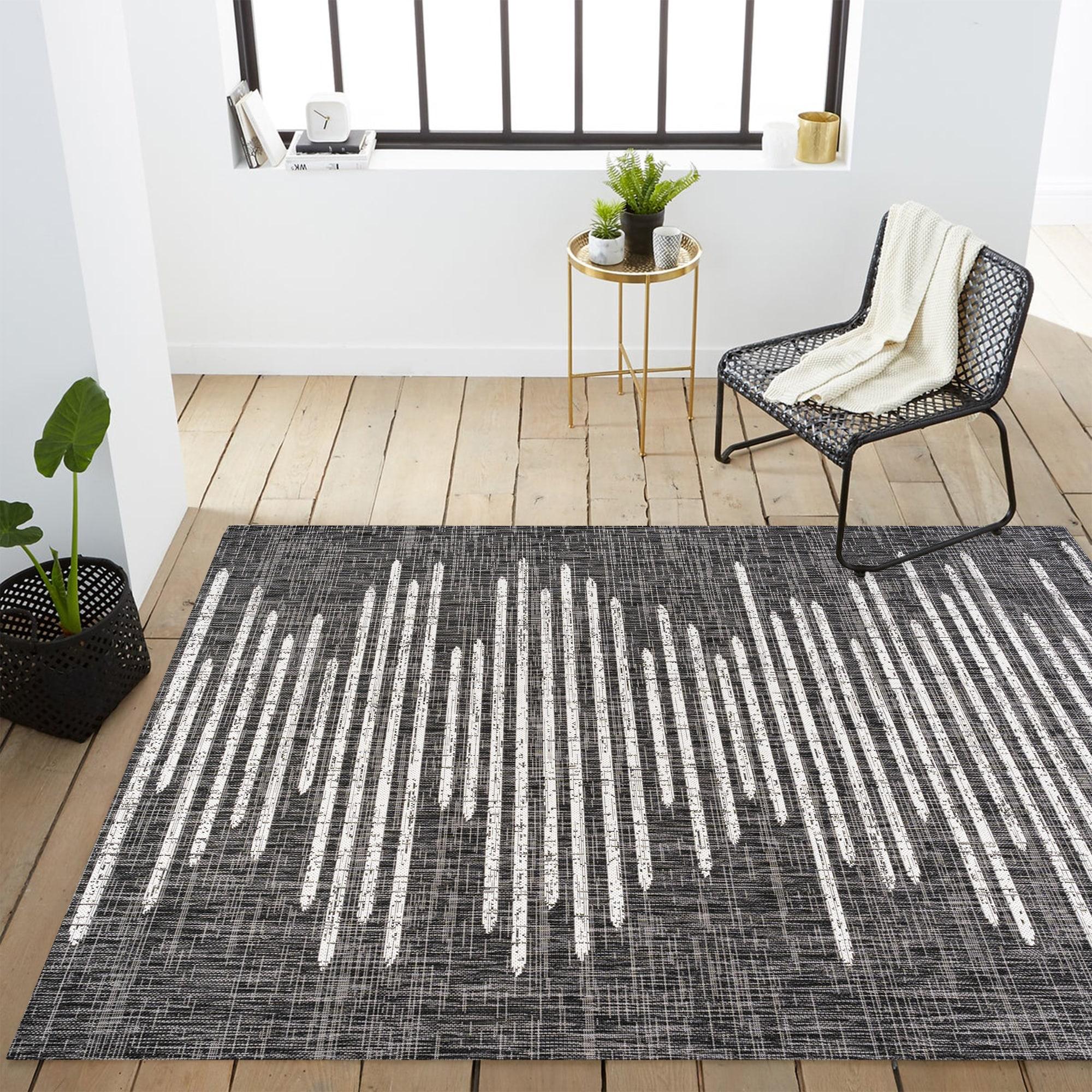 3'x5' Zolak Berber Stripe Geometric Indoor/Outdoor Area Rug, Black/Ivory - JONATHAN Y