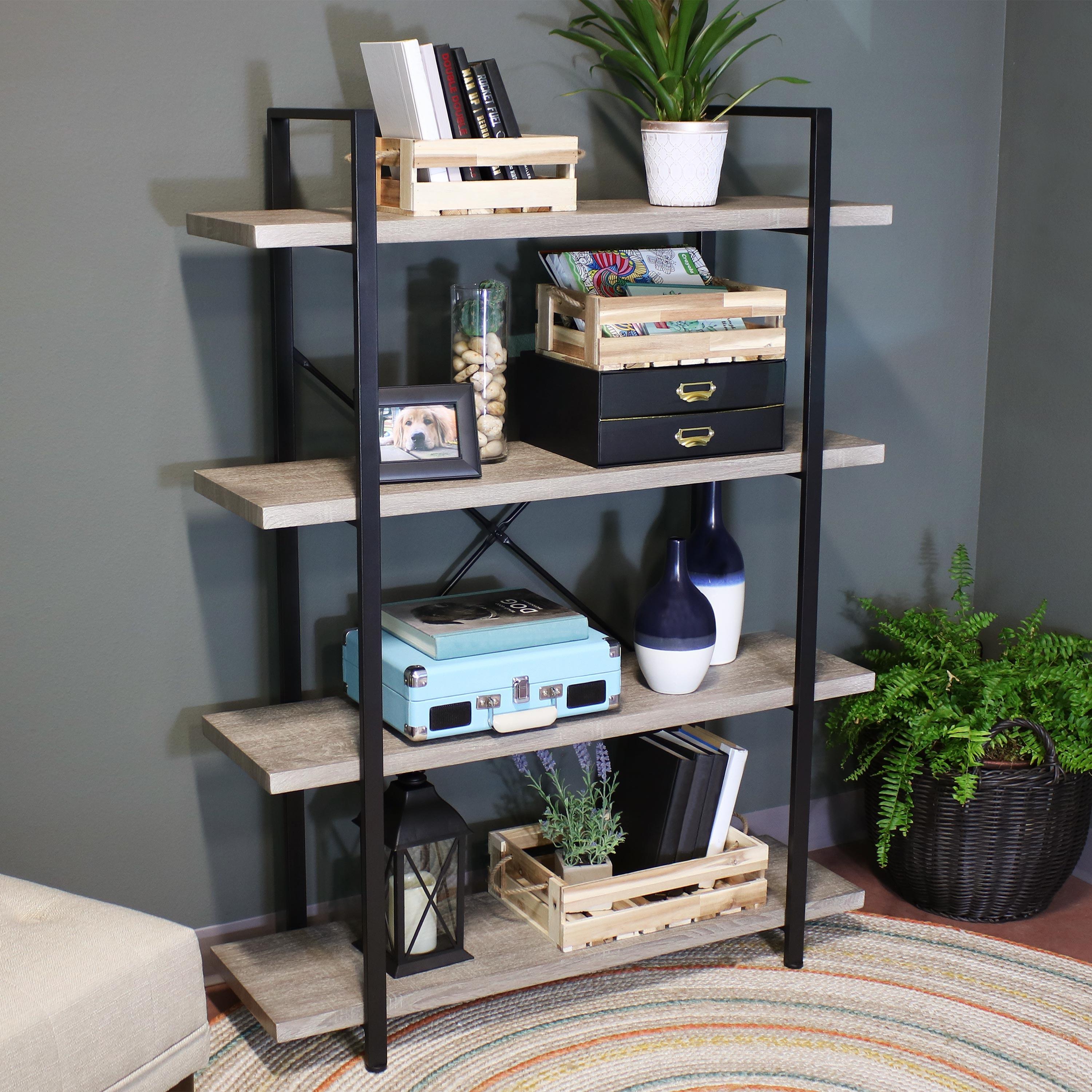 Sunnydaze 4 Shelf Industrial Style Freestanding Etagere Bookshelf with Wood Veneer Shelves - Oak Gray Veneer