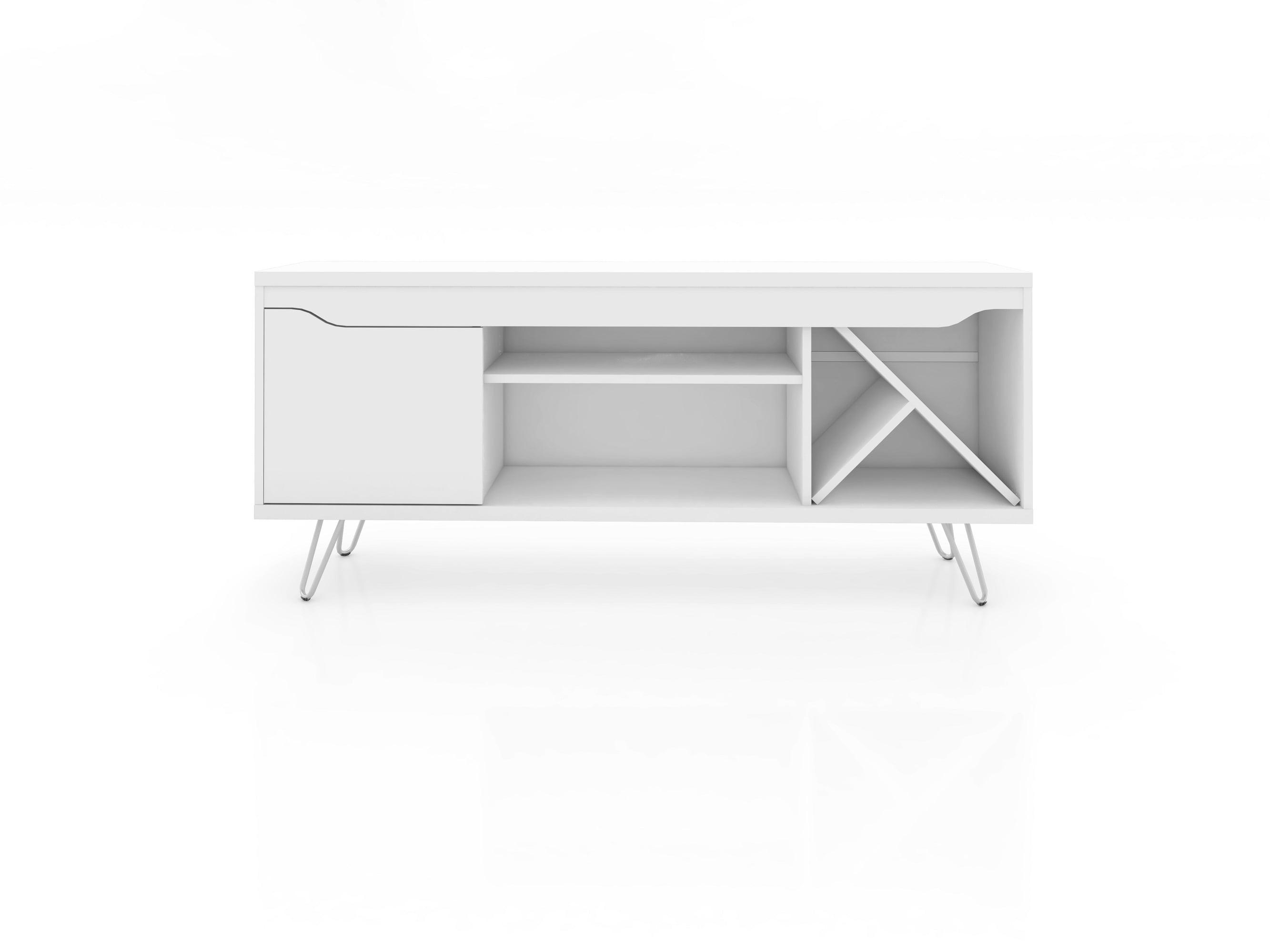 Manhattan Comfort 216BMC6 Baxter Mid-Century- Modern TV Stand with Wine Rack in White, 23.03 x 53.54 x 14.17 in.