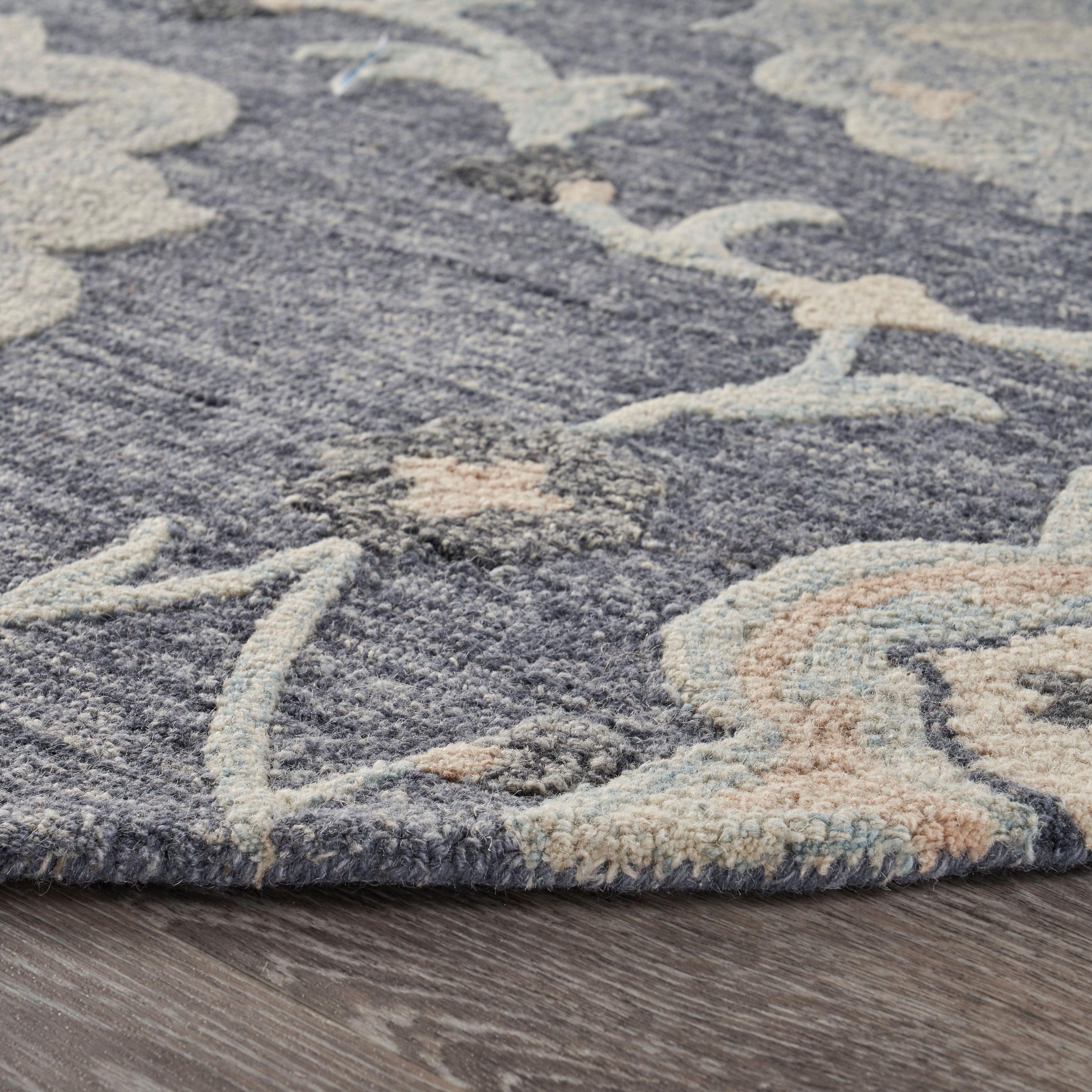 LR Home Aiden 4'10" Round Blue and Gray Floral Wool Indoor Area Rug