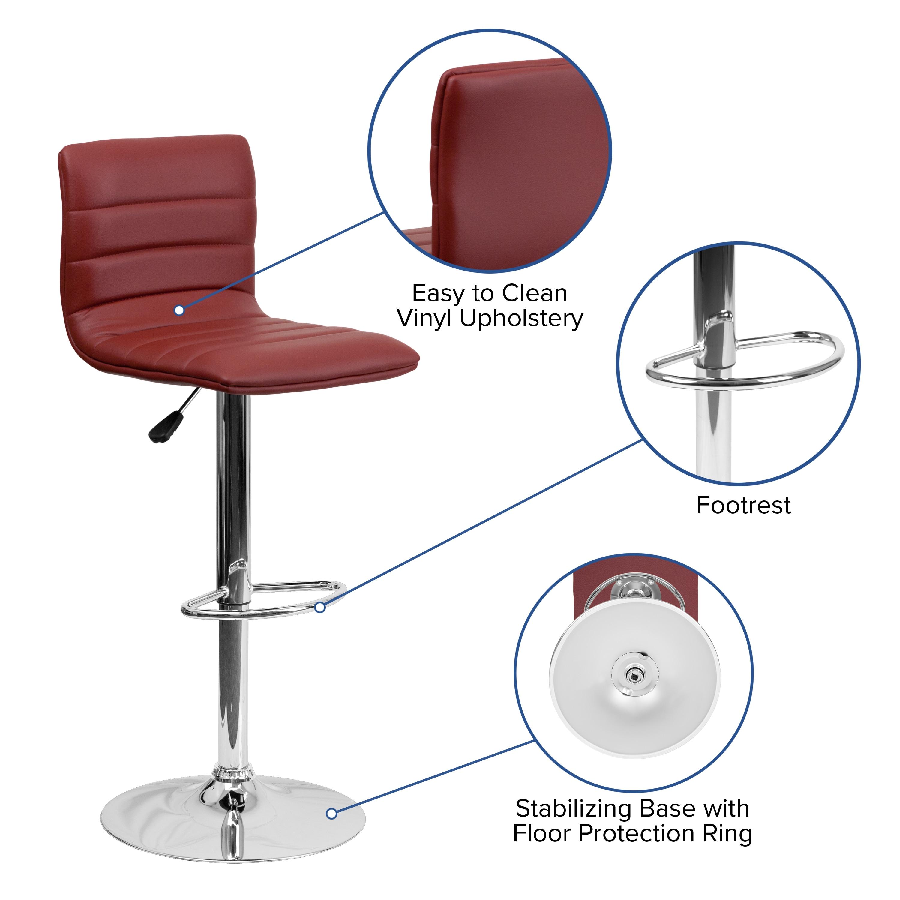 Flash Furniture Modern Burgundy Vinyl Adjustable Bar Stool with Back, Counter Height Swivel Stool with Chrome Pedestal Base